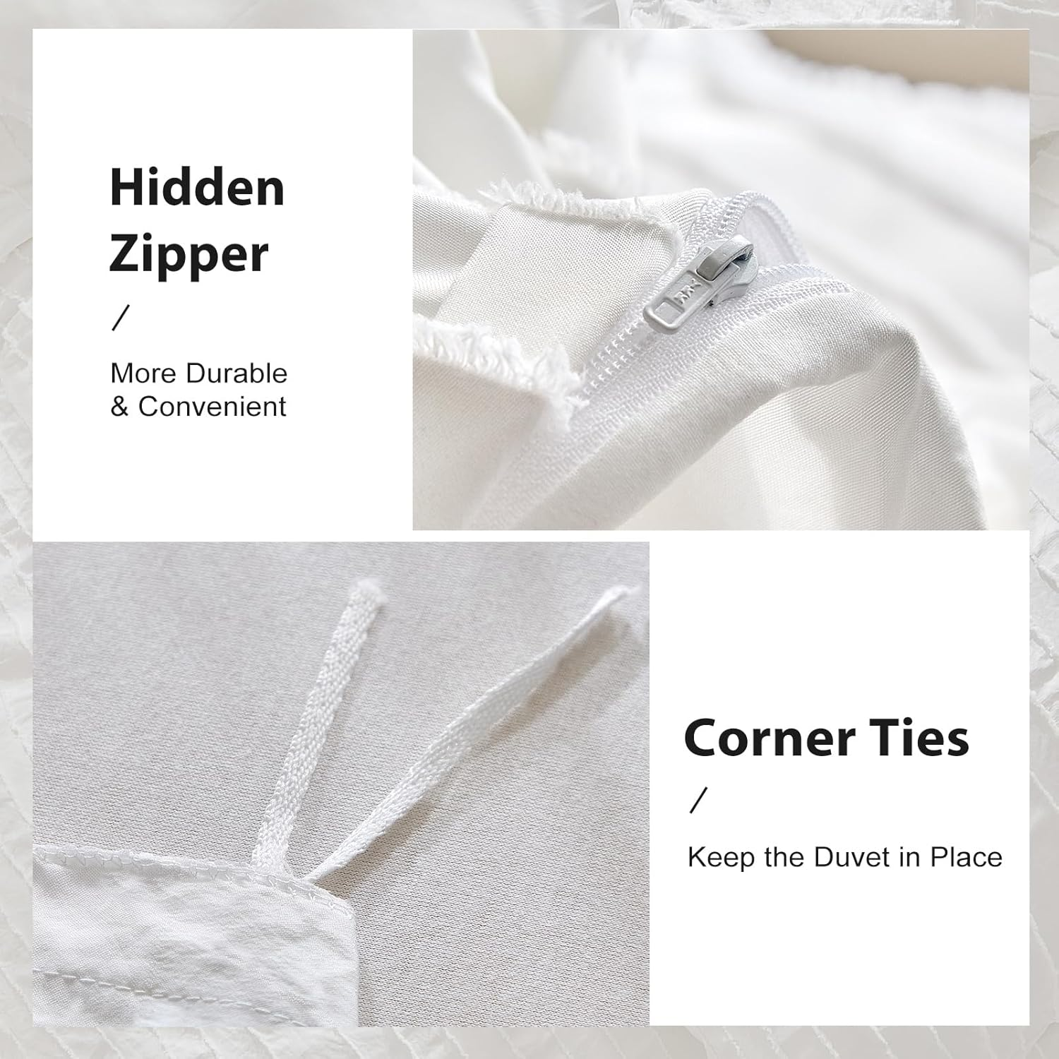 WARMDERN White Boho Duvet Cover Set King Size, Striped Textured Duvet Cover Tufted Bedding Set, 3 Pcs Ultra Soft Washed Microfiber Duvet Cover with Zipper Closure (Queen, White) image number 5