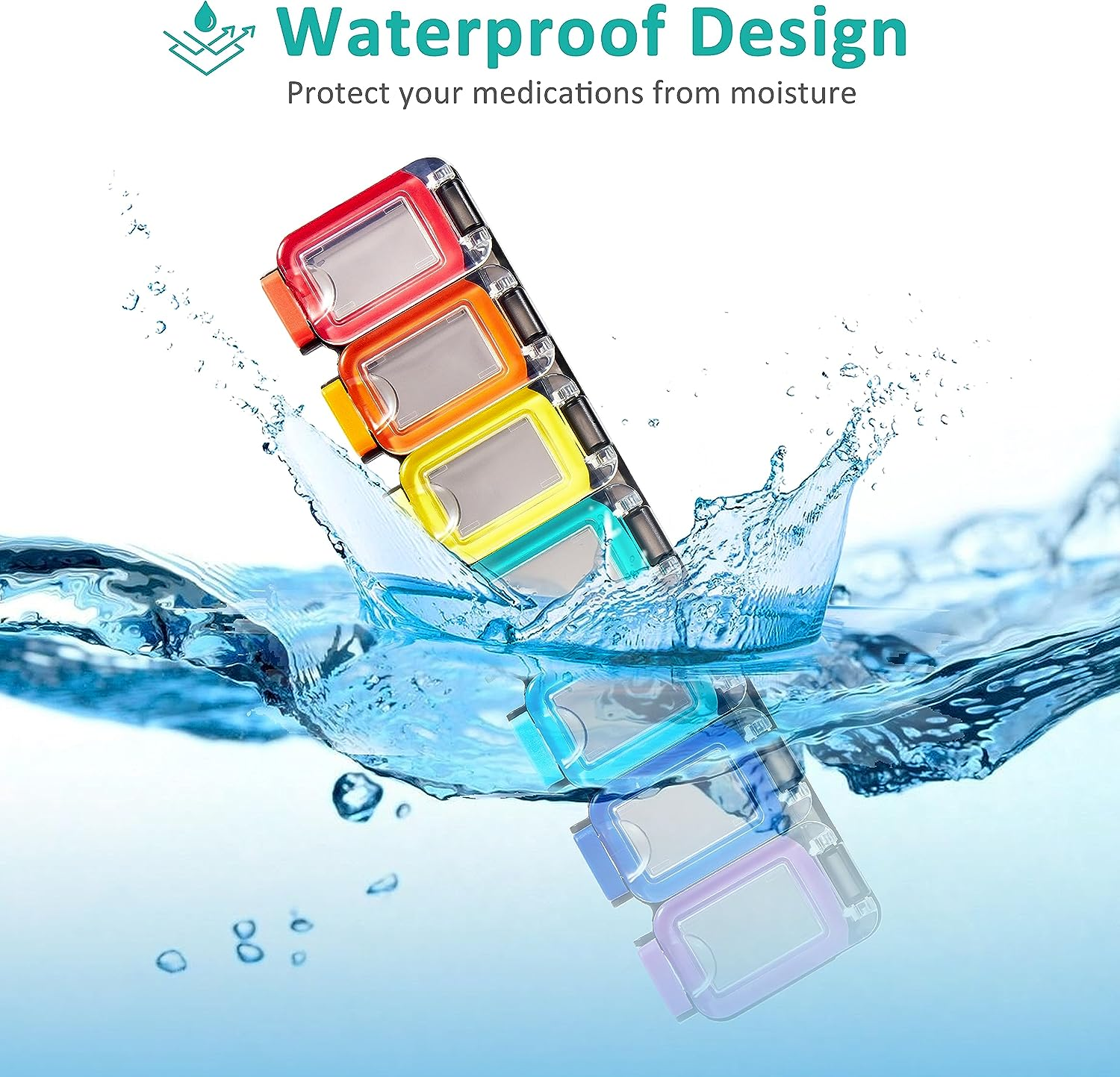 Fullicon Weekly Pill Organizer 7 Day Ultra Moisture and Spill Proof Daily Pill Box, Large Medicine Case with Secure Buckle, Compact Travel Pill Container for Pill, Vitamin, & Fish Oil (Rainbow Black) - Rainbow Clear image number 6