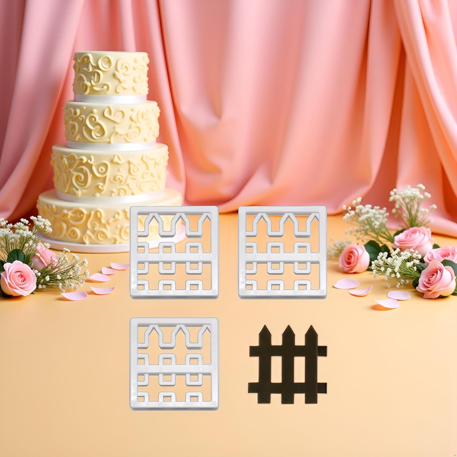 4 Pcs Plastic Fence Fondant Molds Cookie Cutter Mold Fondant Cake Cutting Molds for Baking Room Coffee Shop Cookie DIY Cake Border Decoration Baking Tools and Accessories, Bakeware（White） image number 2