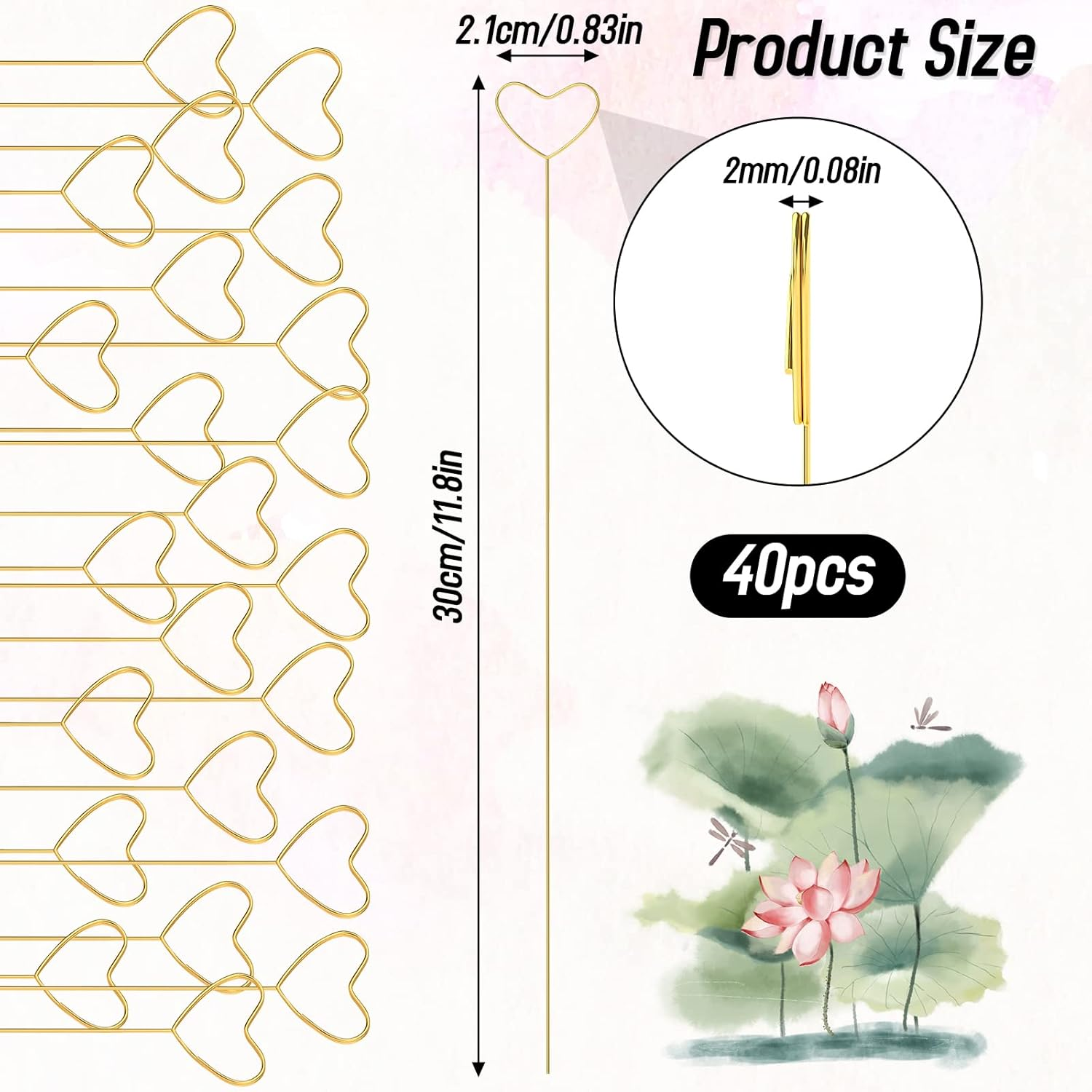 40Pcs Floral Card Holder Picks, Heart Loop, Picture Holders, Photo Clip Holder Flower Card Holder Stick, Gold Heart Floral Picks Stick Clip Floral Pick Card Holders, Photo Picture Holder for Wedding image number 1