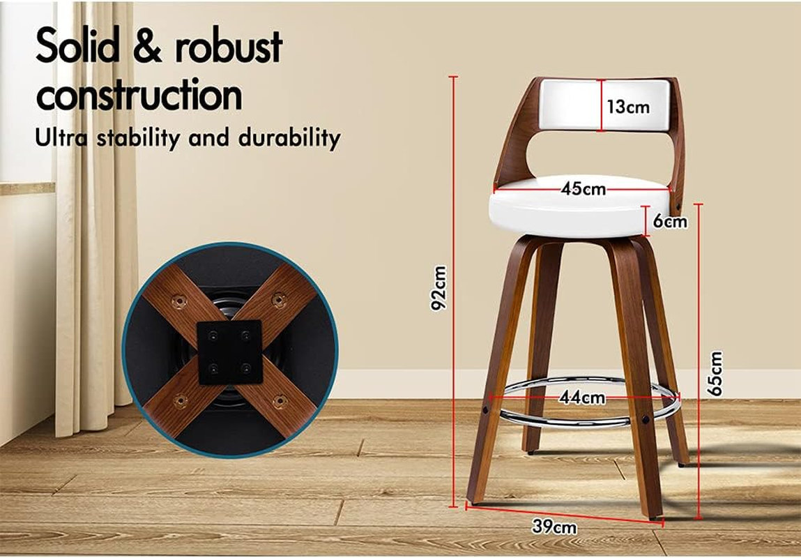 ALFORDSON Bar Stools 2X Swivel Kitchen Stool 65Cm Seat Height Wooden Counter Stool with Footrest and Adjustable Leg Levelers Leather Leather Dining Chairs for Home Bar Dining Room (Eden White) - 2 X Eden Black  White image number 7