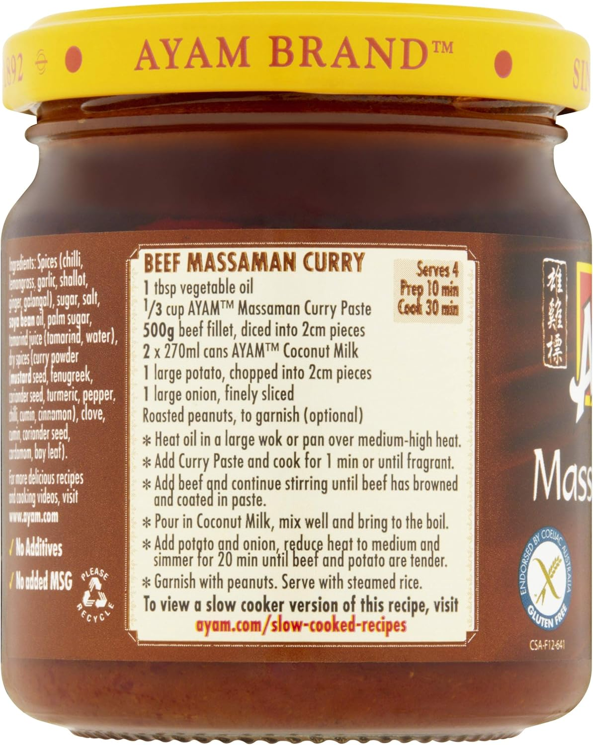 AYAM Thai Massaman Curry Paste | 100% Natural | High Quality | Subtle, Mild & Sweet | Gluten, Dairy, Nut, Egg & Shellfish Free | for Vegans | Great Taste | No Additives & No Added MSG - 6 X 195G image number 4