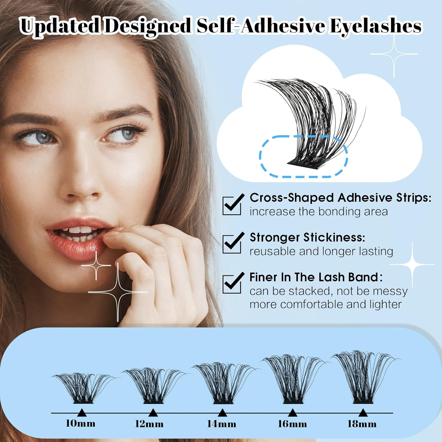 Kevkev Self Adhesive Eyelashes Pre-Glued Cluster Lashes Press on Lash Clusters Self Stick Eyelash Clusters Reusable No Glue No Remover Eyelashes Easy to Apply 1 Step DIY Lash(Typhoon, D-10-18Mix) image number 3