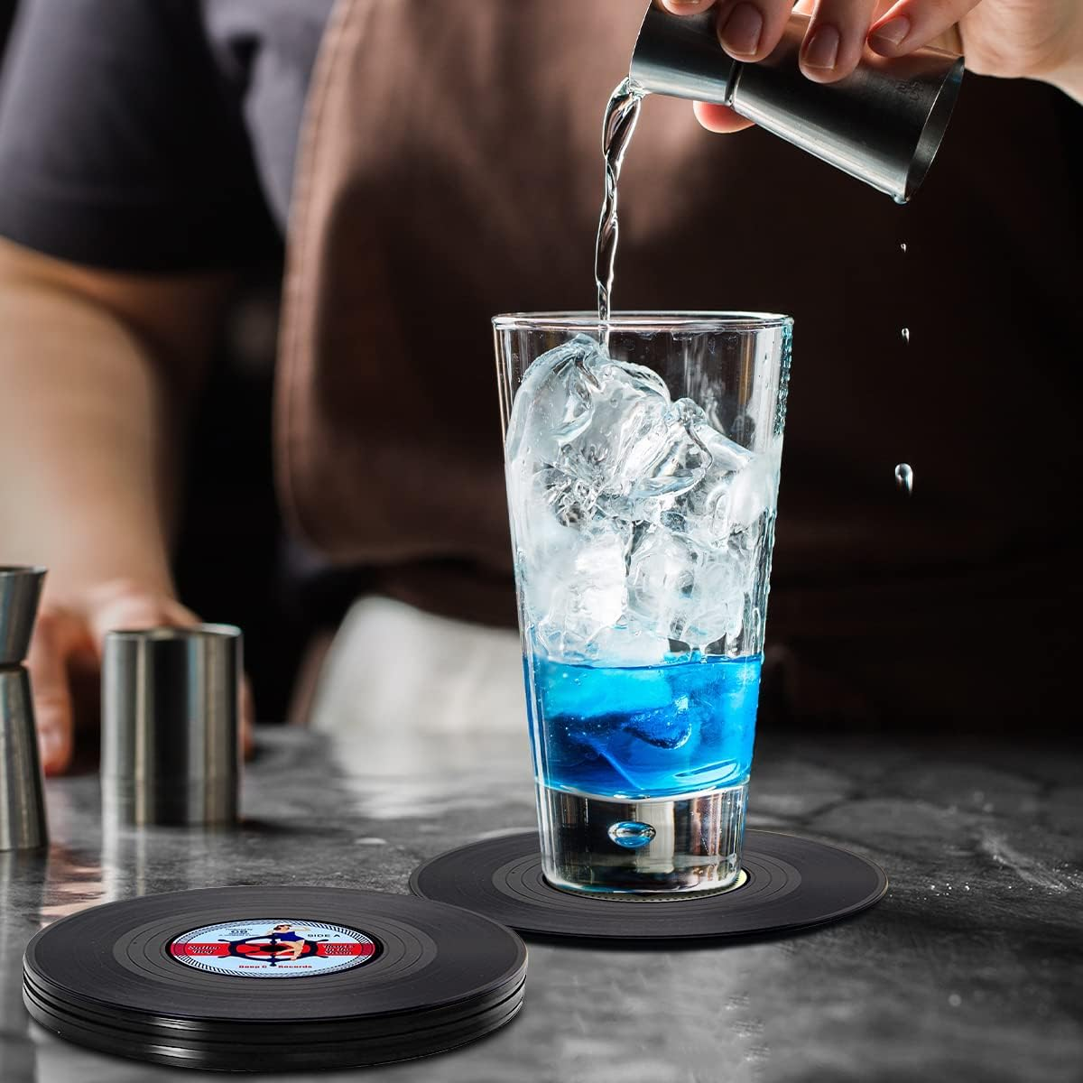 Miss Rui Retro CD Vinyl Record Coasters Set of 6, Personalised Heat Insulation Non-Slip Tabletop Protection Cup Mat for Coffee Tea Beer Mug Drink Tableware Home and Bar