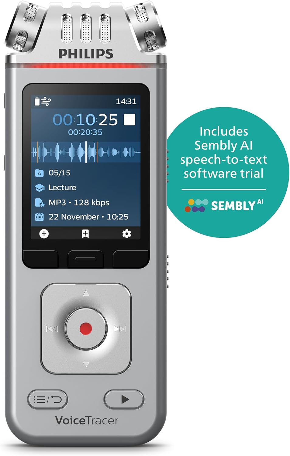 Philips DVT4115 Voice Recorder, MP3, Hifi Microphones with Sembly AI for Voice Recognition for Multiple Speakers, Creating Summaries, Meeting Logs and To-Do Lists image number 2