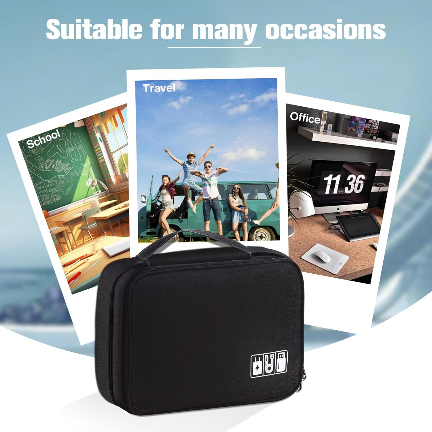 Spardar Cable Organizer, Electronic Organizer Case Universal Travel Bag Electronics Accessories Cases for Cables, Chargers, Earphones, Mouse, Power Bank, SD Card (Black) image number 2