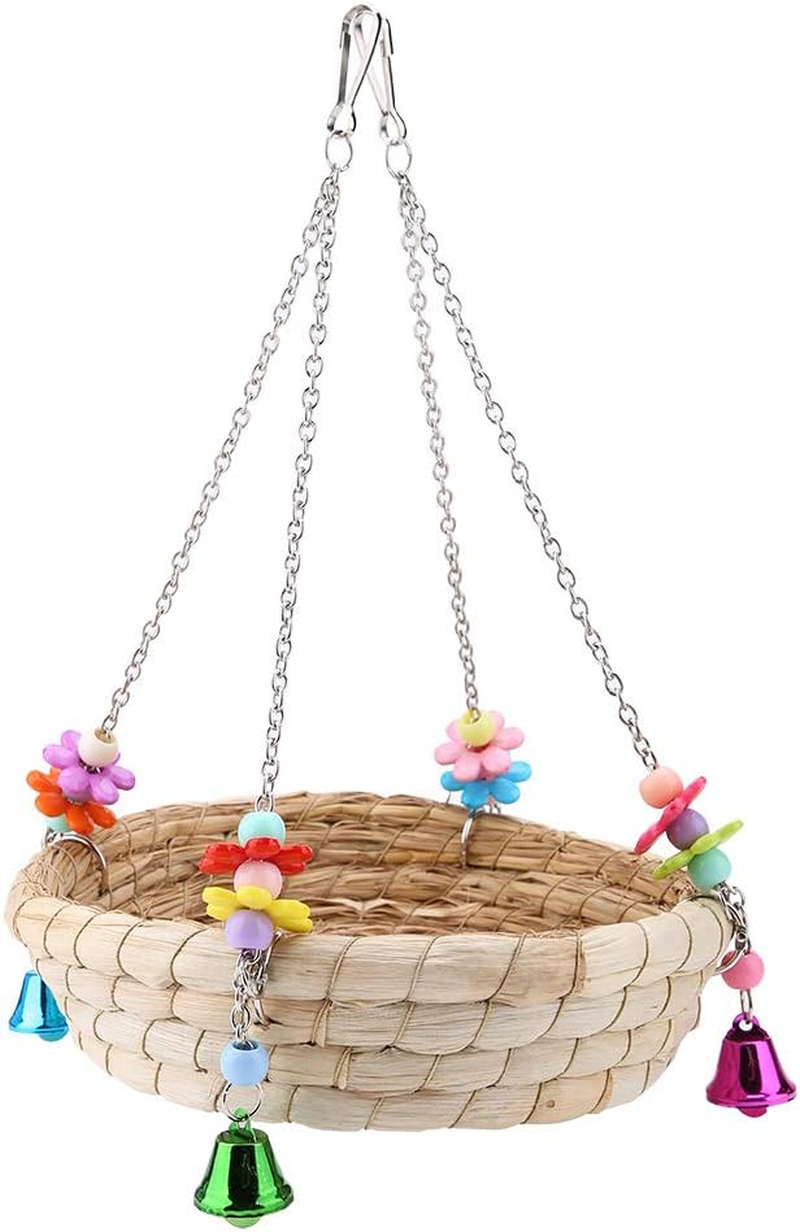 Bird Nest Bed Straw Nest Natural Hand-Woven Straw Nest Bed Swing Toy with 4 Metal Bells Toy for Budgies Cockatiels Parrots Parakeets Cage Toy image number 3