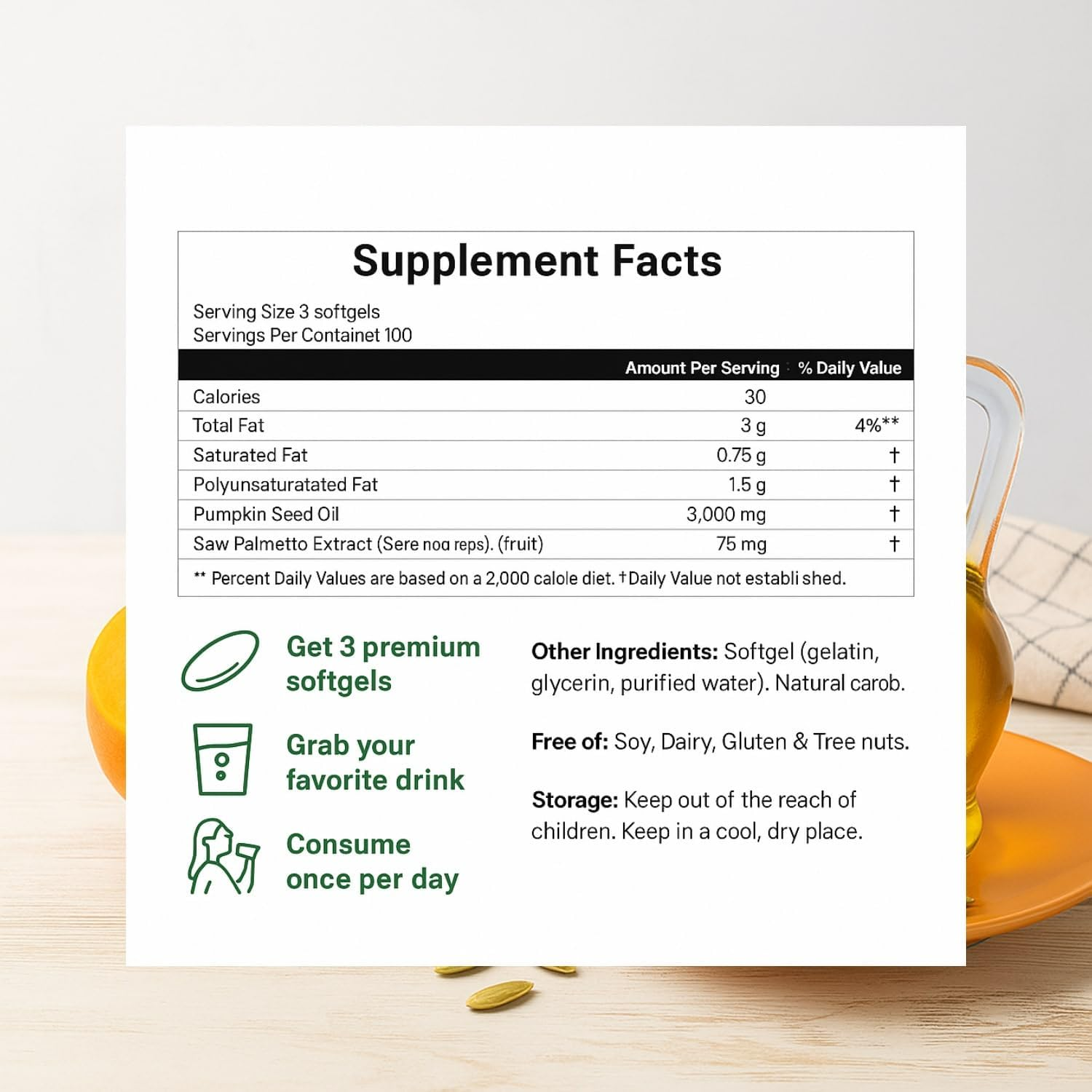 Pumpkin Seed Oil + Saw Palmetto | Cold Pressed Virgin Oil 3000Mg | 300 Softgels | Non-Gmo, Gluten Free by Glowbelly image number 2