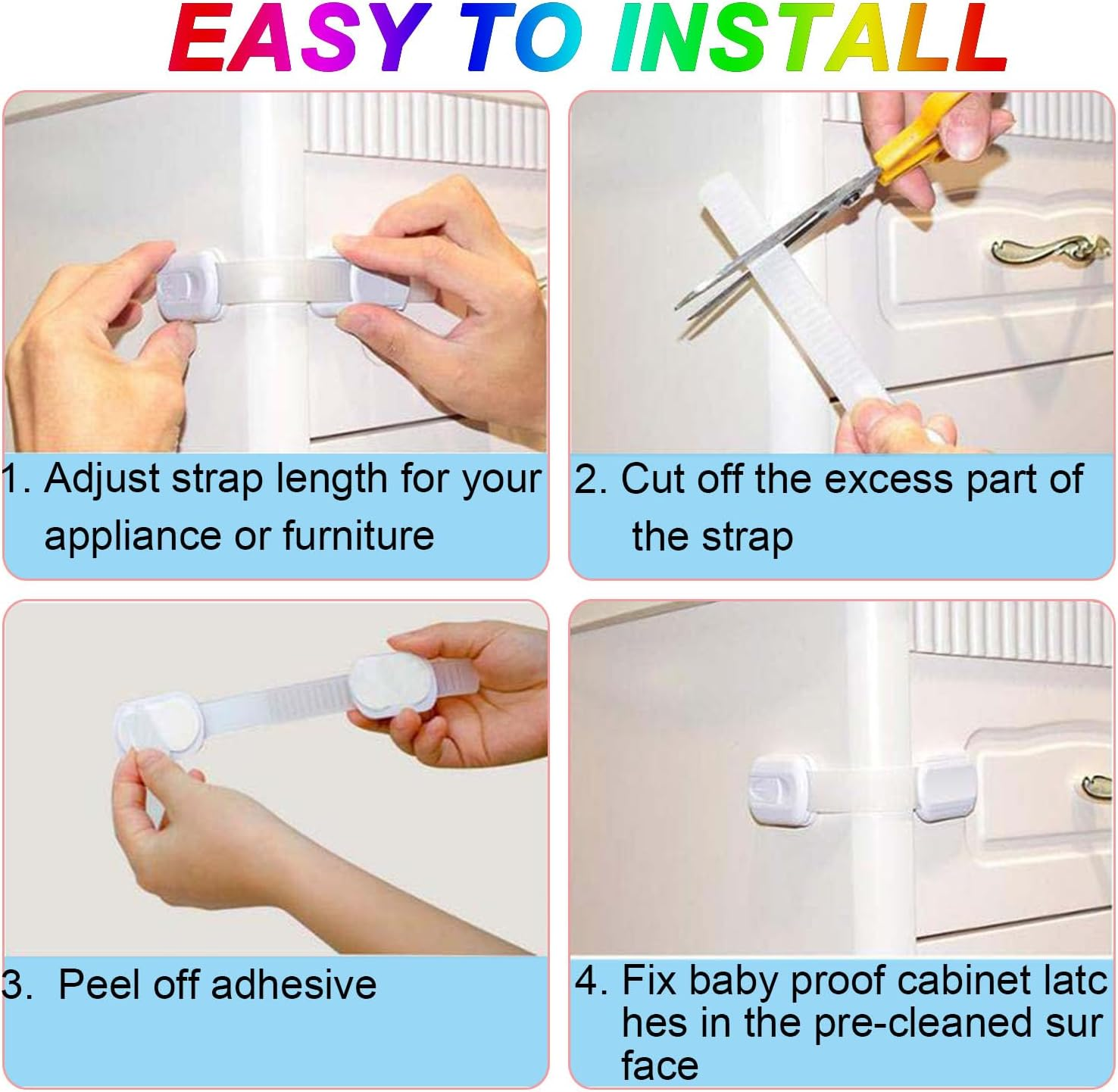 WADY 10 Pack Cabinet Locks Baby Proofing, Child Safety Drawer Locks, One Click Baby Proof Adjustable Baby Safety Locks Multi-Purpose Use for Cabinets, Cupboards, Toilets, Fridge, Oven, Bins (White) image number 5