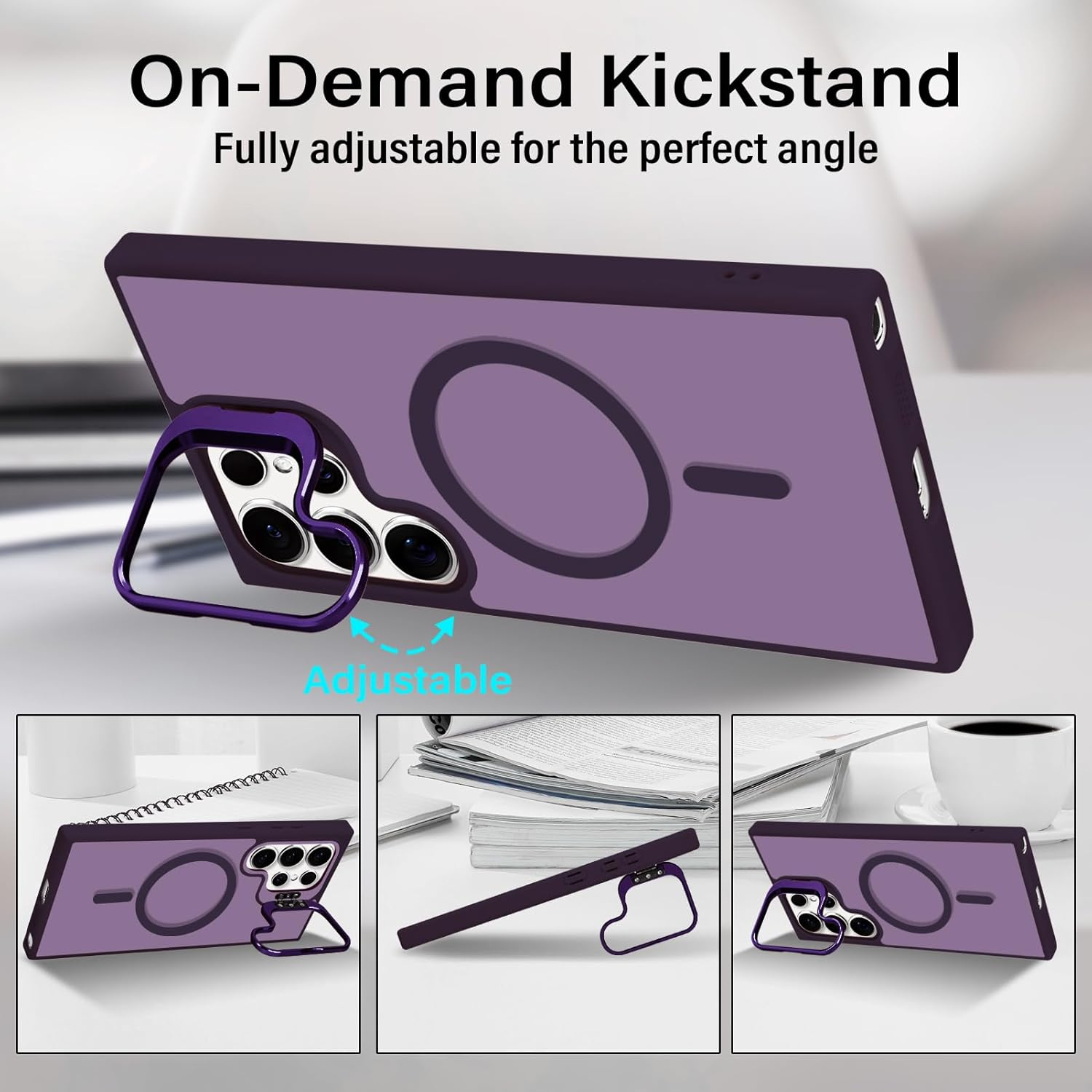 Tcaraersing for Samsung Galaxy S24 Ultra Magnetic Case with Stand [Compatible with Magsafe] Built-In Camera Ring Holder Stash Kickstand Slim Matte Frosted Cover Anti-Fingerprint, Translucent Purple