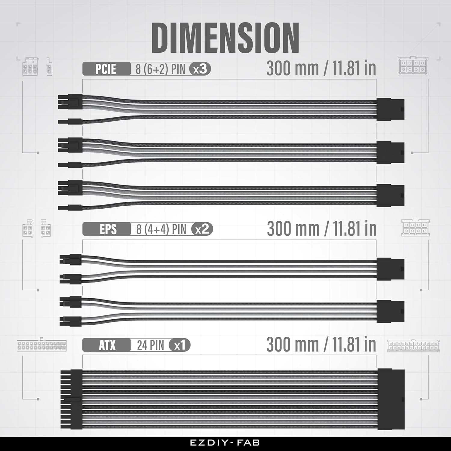 EZDIY-FAB PSU Cable Extension Kit,16Awg Power Supply Extension Cable,1X24Pin/2X4+4 Eps/3X6+2 Pci-E,Custom PC Sleeve Cable 300MM with Combs-Black Grey image number 2