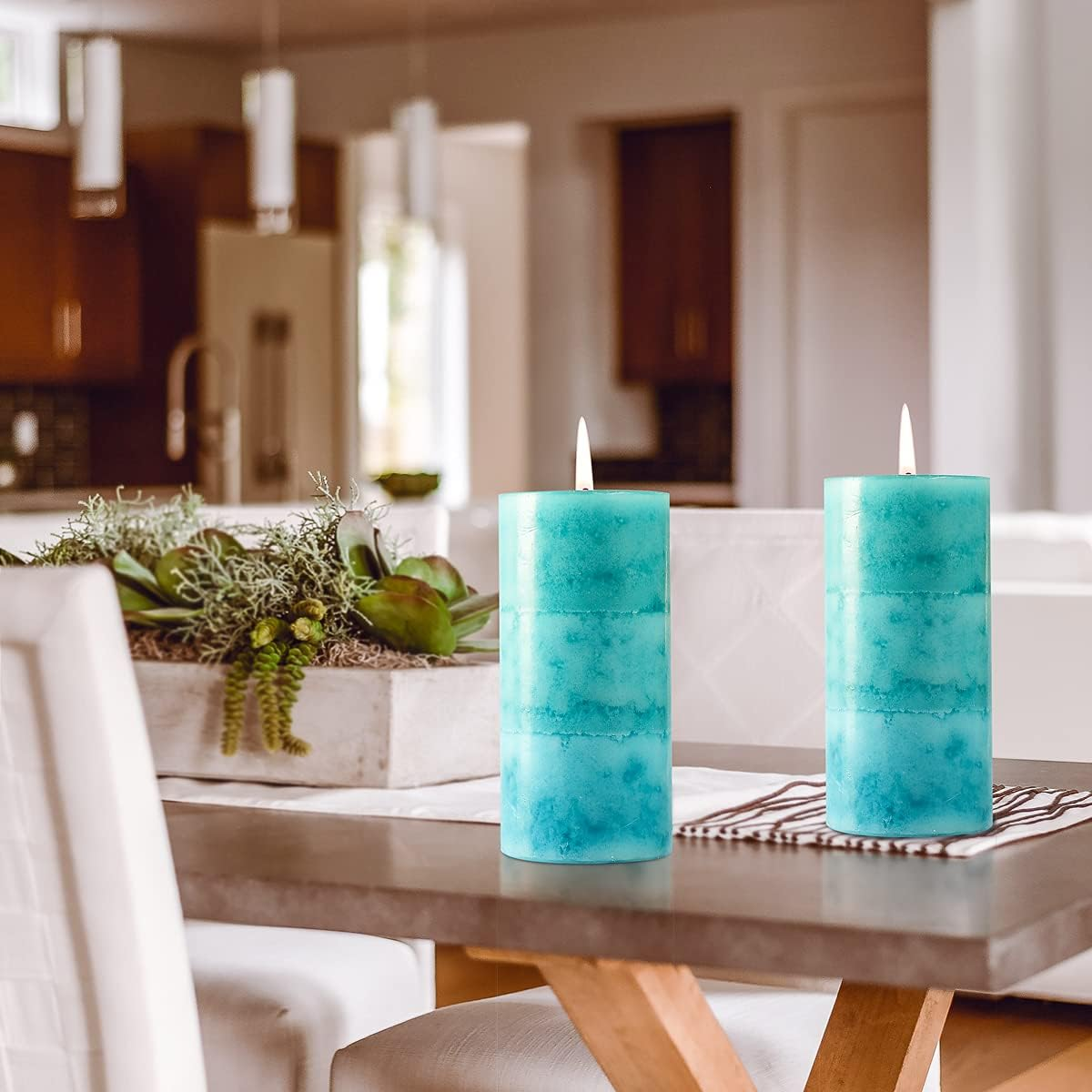 FLAVCHARM Pillar Scented Candles, Ocean Breeze, 3 Pack Teal 3X6 Inch Long-Lasting Clean Burning, Turquoise for Home D&eacute;cor, Bathroom, Wedding Decorations image number 4