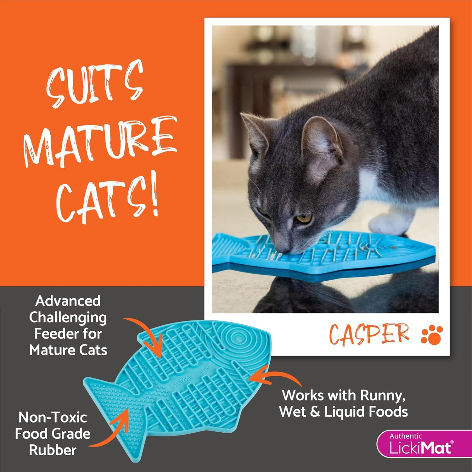 Lickimat Casper, Fish-Shaped Cat Slow Feeders Lick Mat, Boredom Anxiety Reducer; Perfect for Food, Treats, Yogurt, or Peanut Butter. Fun Alternative to a Slow Feed Cat Bowl or Dish, Yellow image number 4