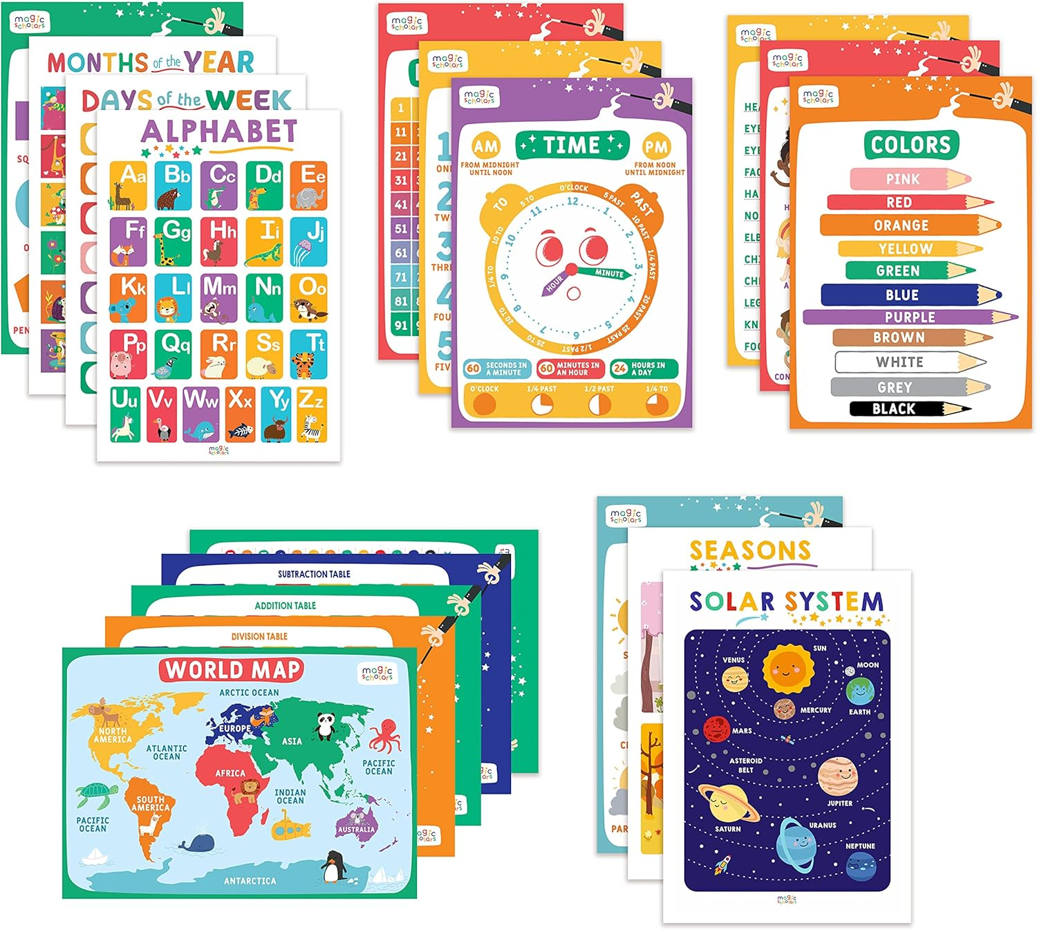 Magic Scholars Educational Posters, 18 Bundle Pack, Toddler Learning Posters, Classroom Decor for Kids, Kindergarten, Preschool, Homeschool Supplies, Alphabet Chart, Days of the Week Posters for Kids image number 1