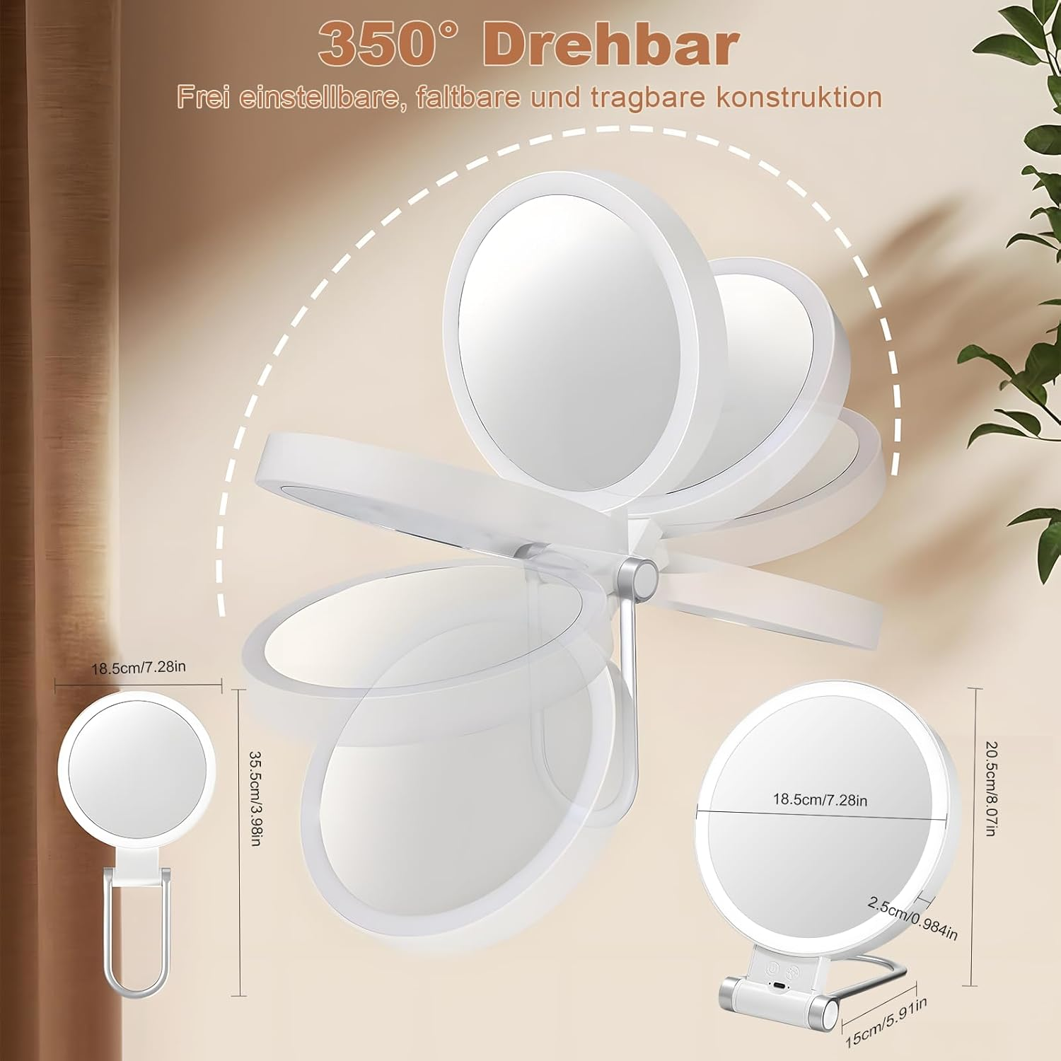 Moorstdel Cosmetic Mirror with Lighting, 1X/10X Magnifying Mirror with Light, Double Sided with 3 Colours, Magnifying Mirror, Dimmable LED, Foldable Cosmetic Mirror, White image number 3