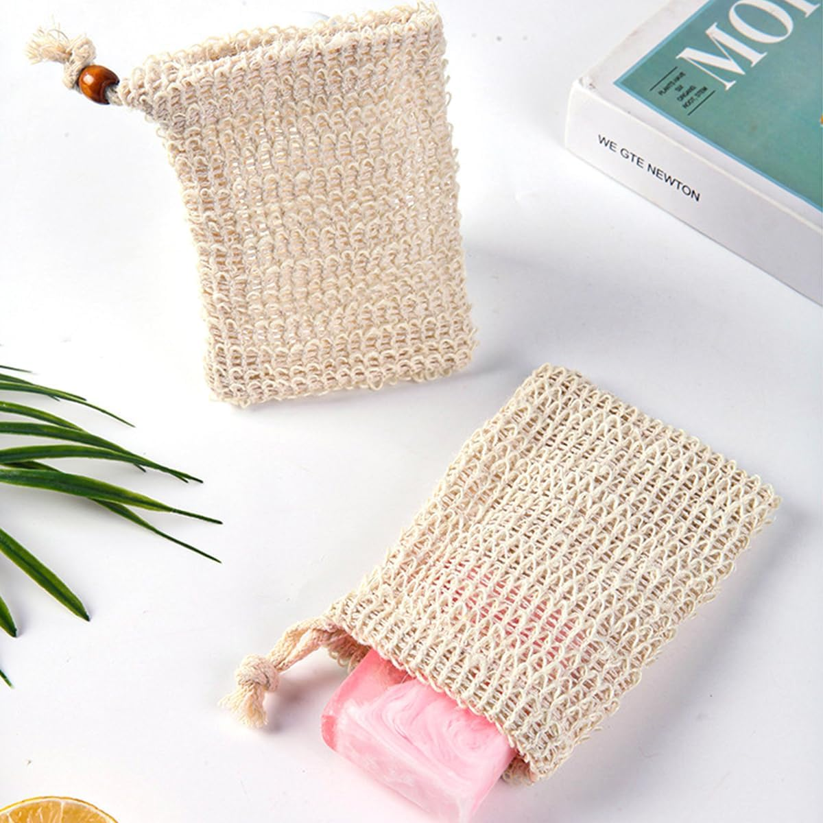 Alnicov 5 PCS Sisal Soap Bag Shower Bath Organic Exfoliating Soap Pouch with Drawstring for Foaming Bathing