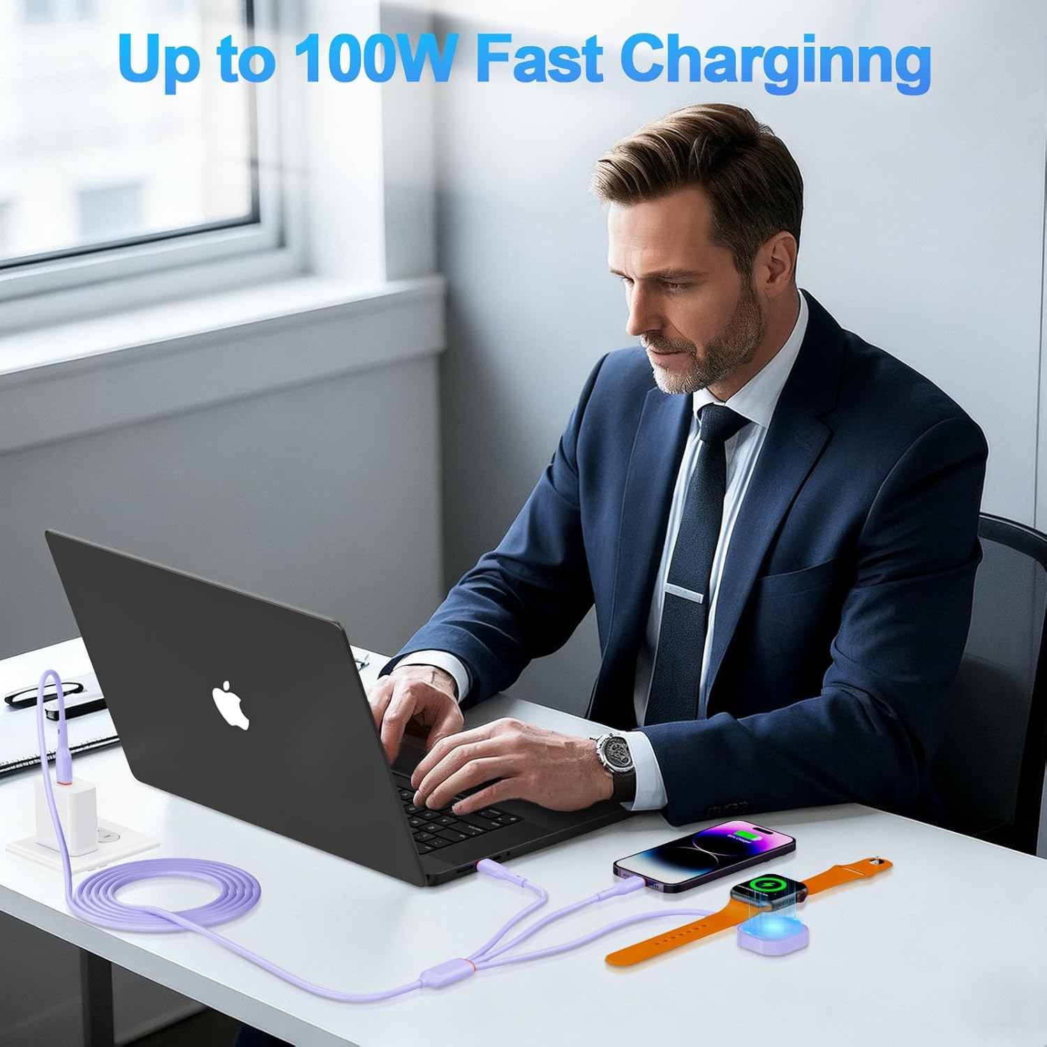 3-In-1 USB-C Fast Charging Cable 100W, 2M Multi Charger with USB-C, Lightning and Watch Charger &ndash; PD Fast Charge Durable Cable for Iphone, Ipad, Samsung and Android Devices (Purple) - White image number 4