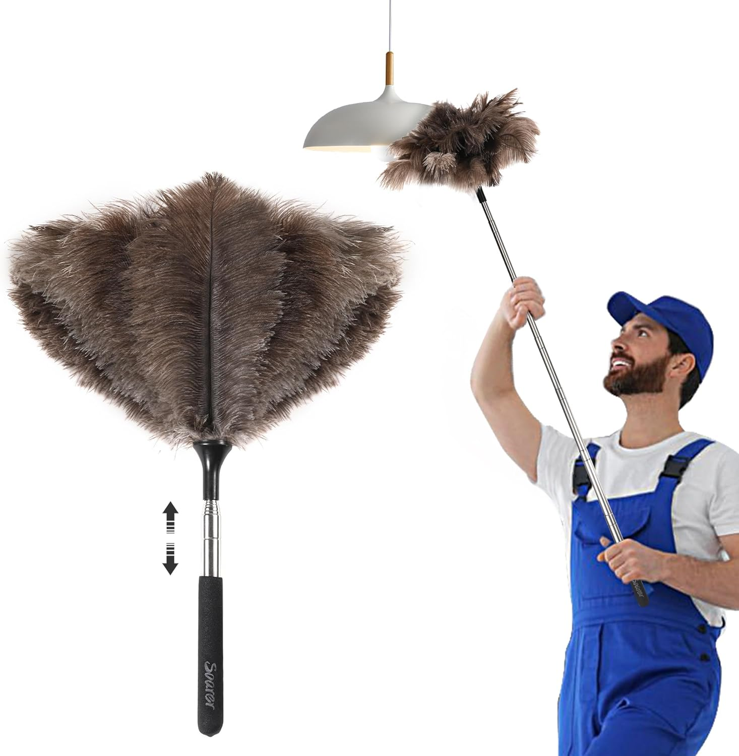 Extendable Ostrich Feather Duster - 40 Inches Fluffy Long Handle Reusable Feather Duster for Cleaning Ceiling Fan,Pendant Lamp, High Ceiling, Blinds, Furniture image number 1
