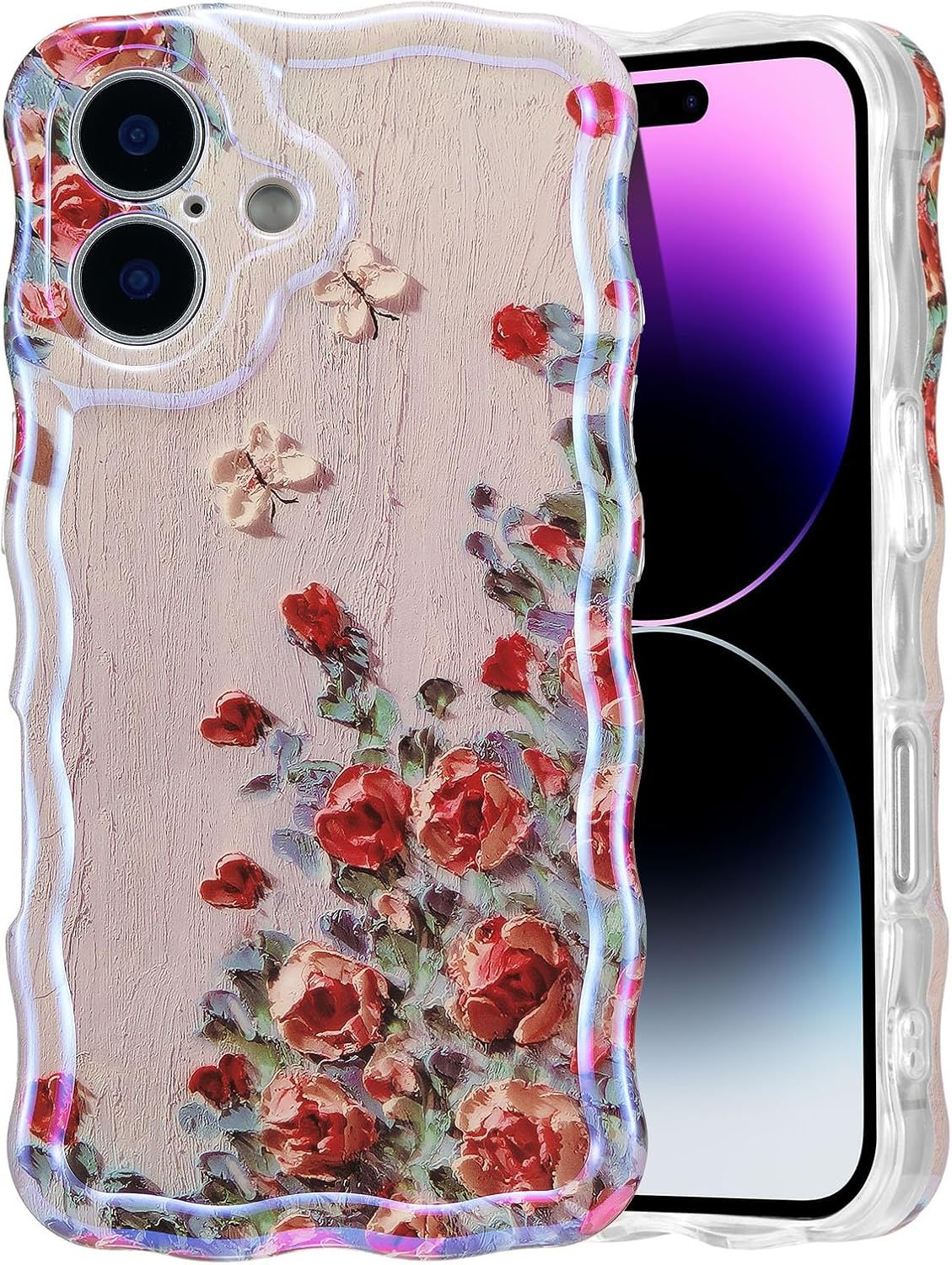 EYZUTAK Case for Iphone 15 Pro, Colorful Retro Oil Painting Printed Flower Laser Glossy Pattern Cute Curly Waves Border Exquisite Phone Cover Stylish Durable TPU Protective Case for Girls Women -Beige