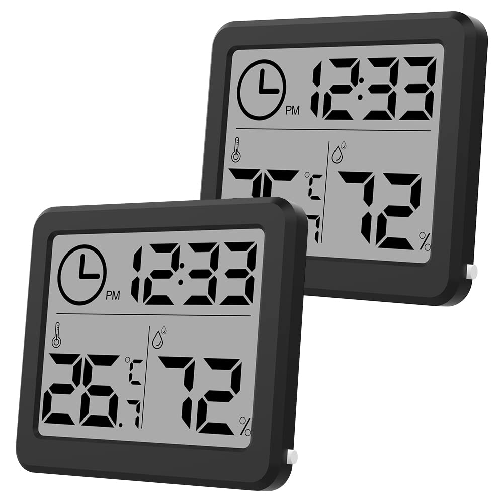 [2 Pack] 3.2 Inch Digital Indoor Hygrometer Thermometer, Room Thermometer Humidity Gauge with Time Clock, High Accuracy Temperature Humidity Monitor with Magnet for Home Office Greenhouse, Black image number 3
