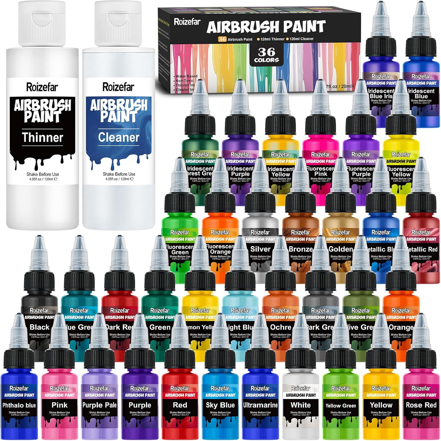 Roizefar Airbrush Paint, 36 Colors with 4.05 Fl Oz Thinner & 4.05 Fl Oz Cleaner, Water-Based Air Brush Paints Acrylic Ready to Spray, Includes Iridescent, Metallic, Neon, Classic Colors, 20Ml/Bottle