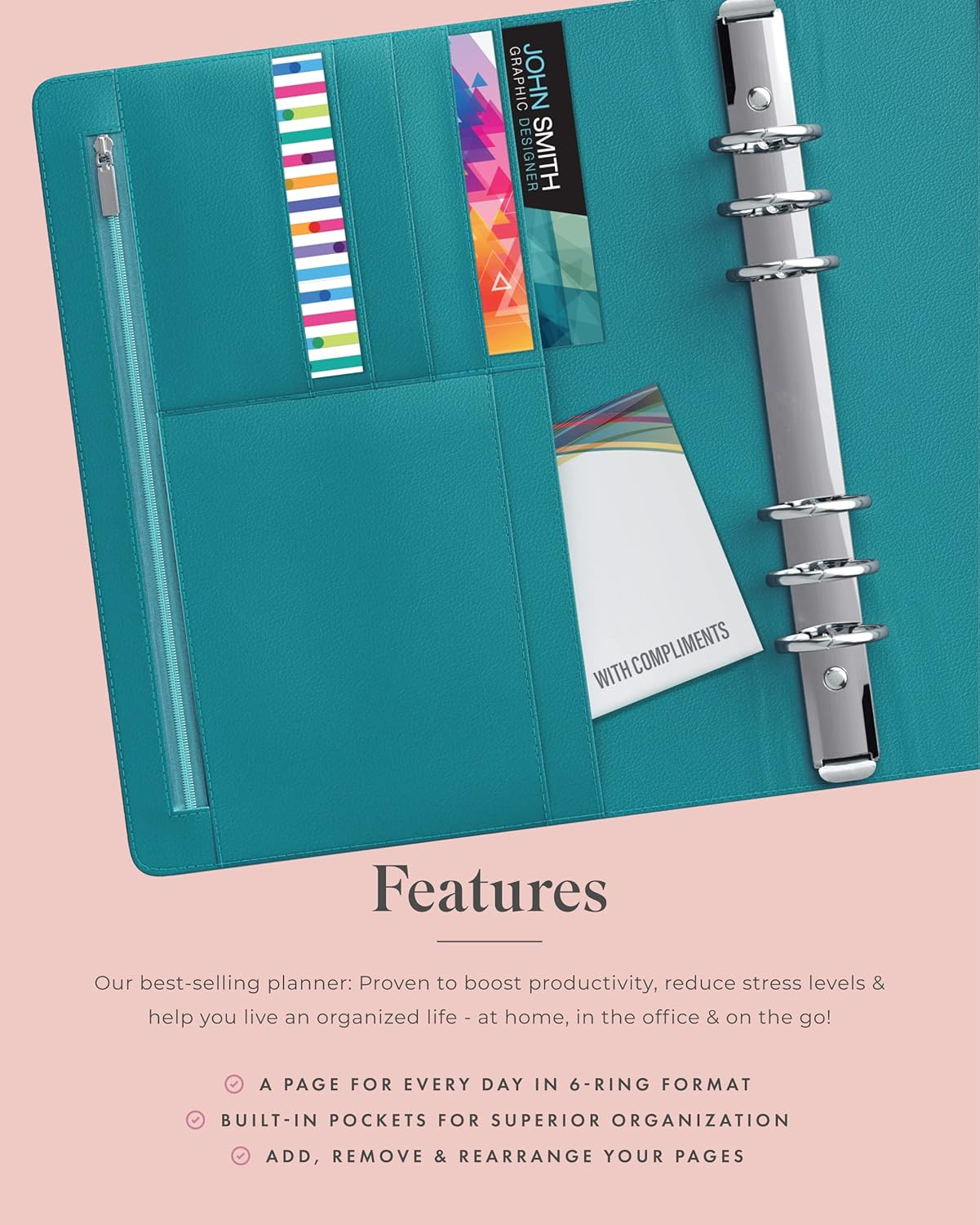 A5 Binder Organizer - Agenda 2023 Daily, Weekly & Monthly Management Undated to Do List & Unisex Business Planner - PU Leather Journal - Goal Setting Gratitude Notebook & Appointment Book by Lux Productivity - Lux Pro A5 Ed.2 Turquoise Ocean - Gray - Fossil image number 2