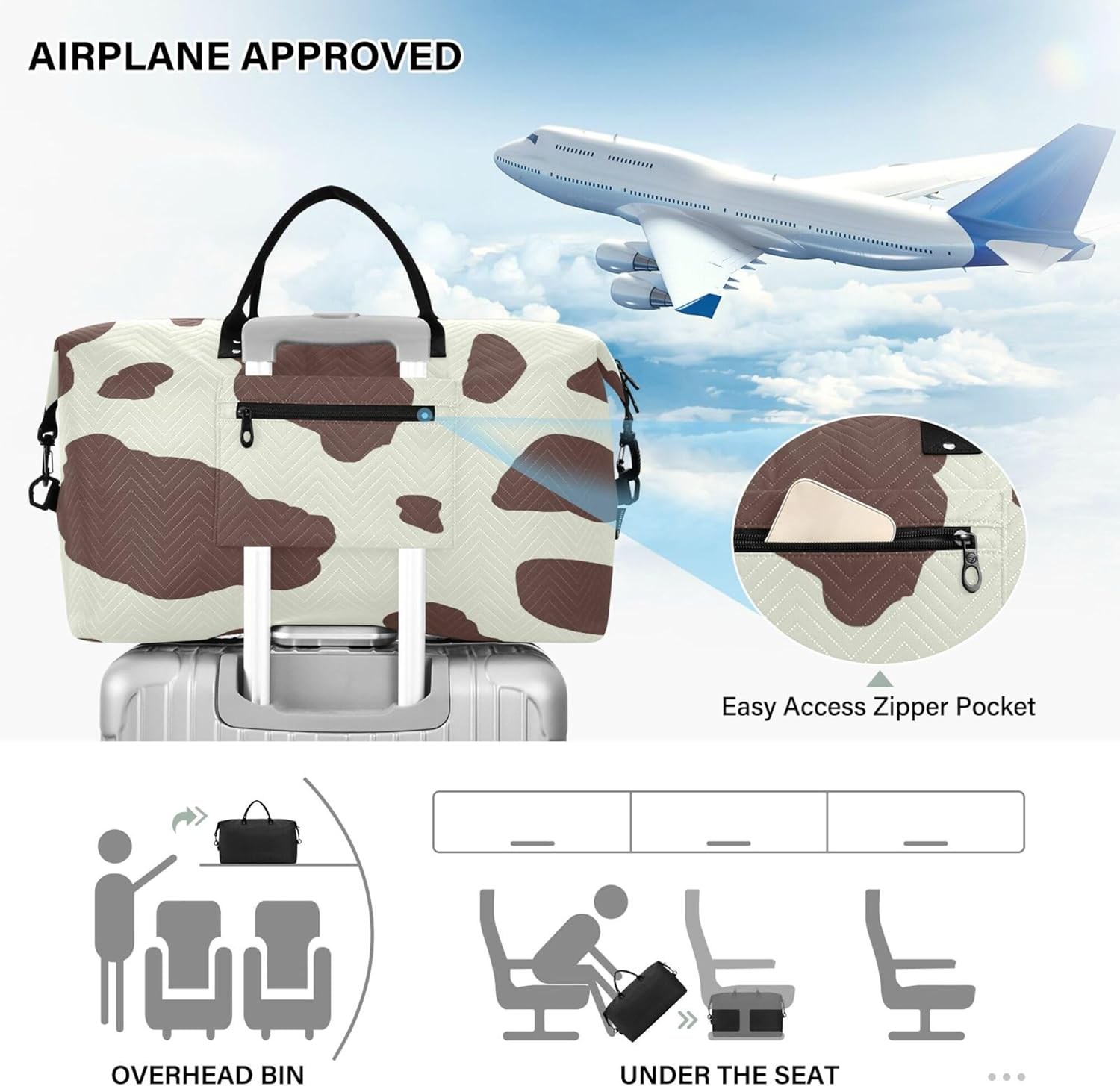 Duffel Bag Large Gym Bag Travel Weekender Gear Bag with Adjustable Strap for Business Trips Large Capacity Cow Print, Multi, 1 Size, Modern/Fitted, Multi, 1 Size, Modern/Fitted image number 2