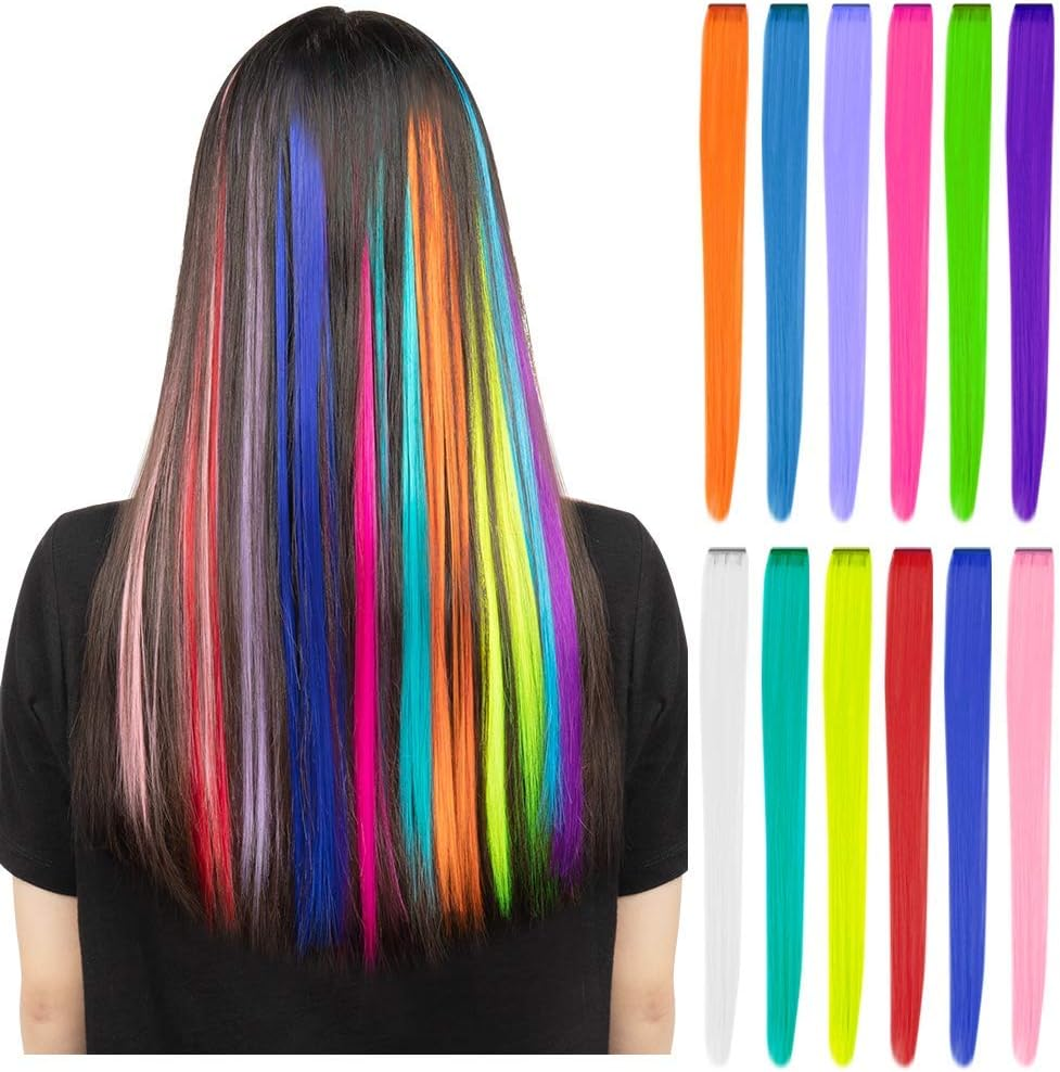 12 Pcs Colored Party Highlights Colorful Clip in Hair Extensions 22 Inch Straight Synthetic Hairpieces for Women Kids Girls, Rainbow