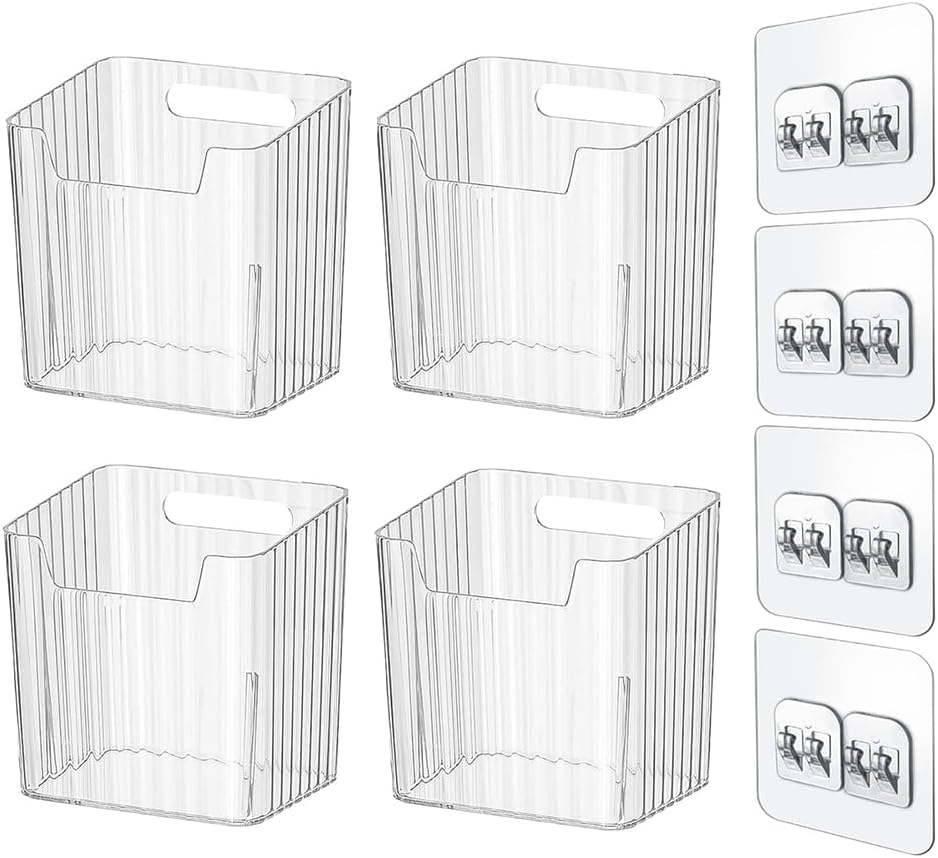 NYGHMY 4 Pcs Wall Mounted Organizers (With 4 Self-Adhesive Hooks), Plastic Transparent Wall Mount Storage Bins for Refrigerator, Kitchen, Bathroom, Office
