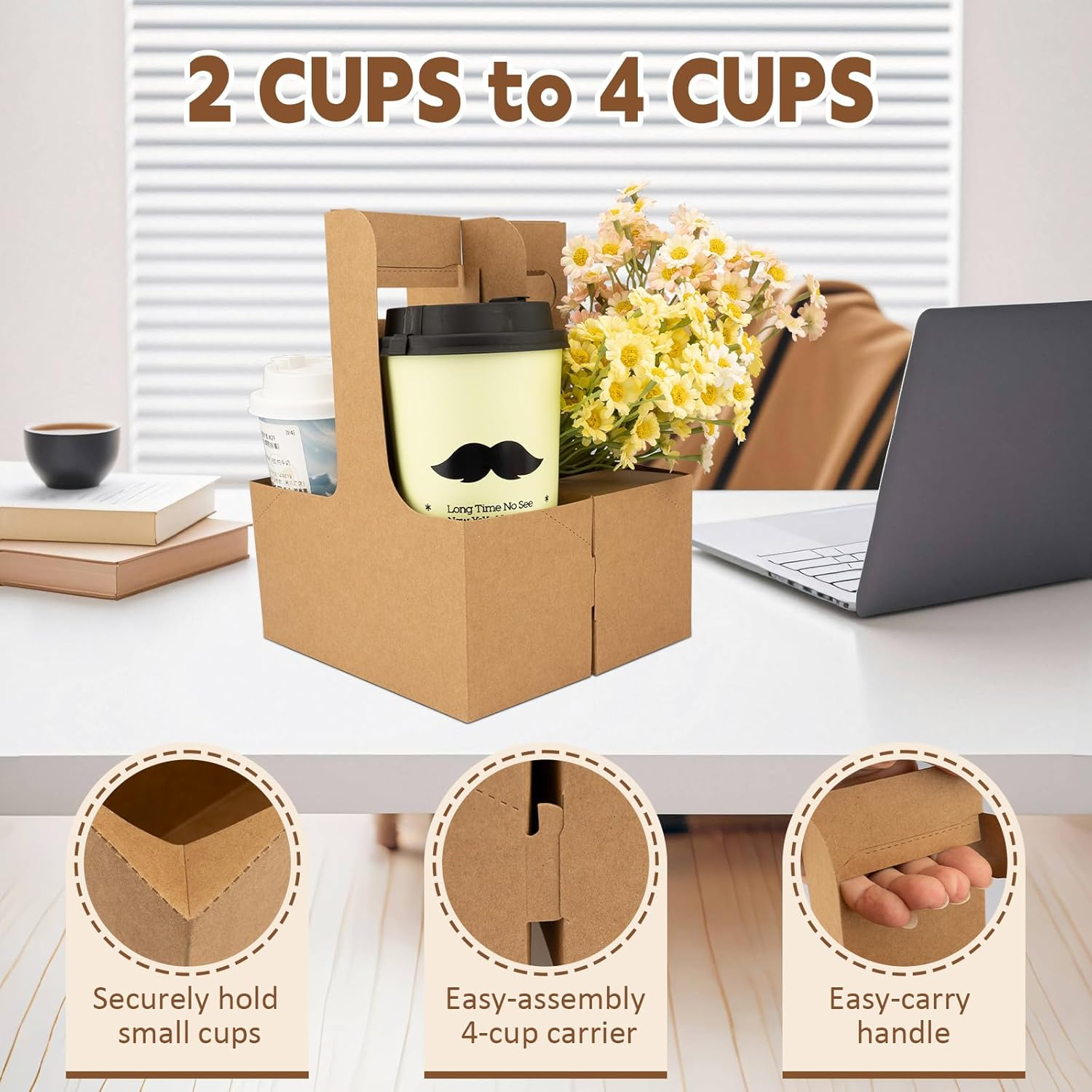 2 Cup Drink Carrier with Handle,Pack of 20 Kraft Paperboard Take Out Cup Carriers,Portable Foldable Cup Carrier for Hot or Cold Drinks,Coffee Carrier, Food Delivery (Brown) image number 1