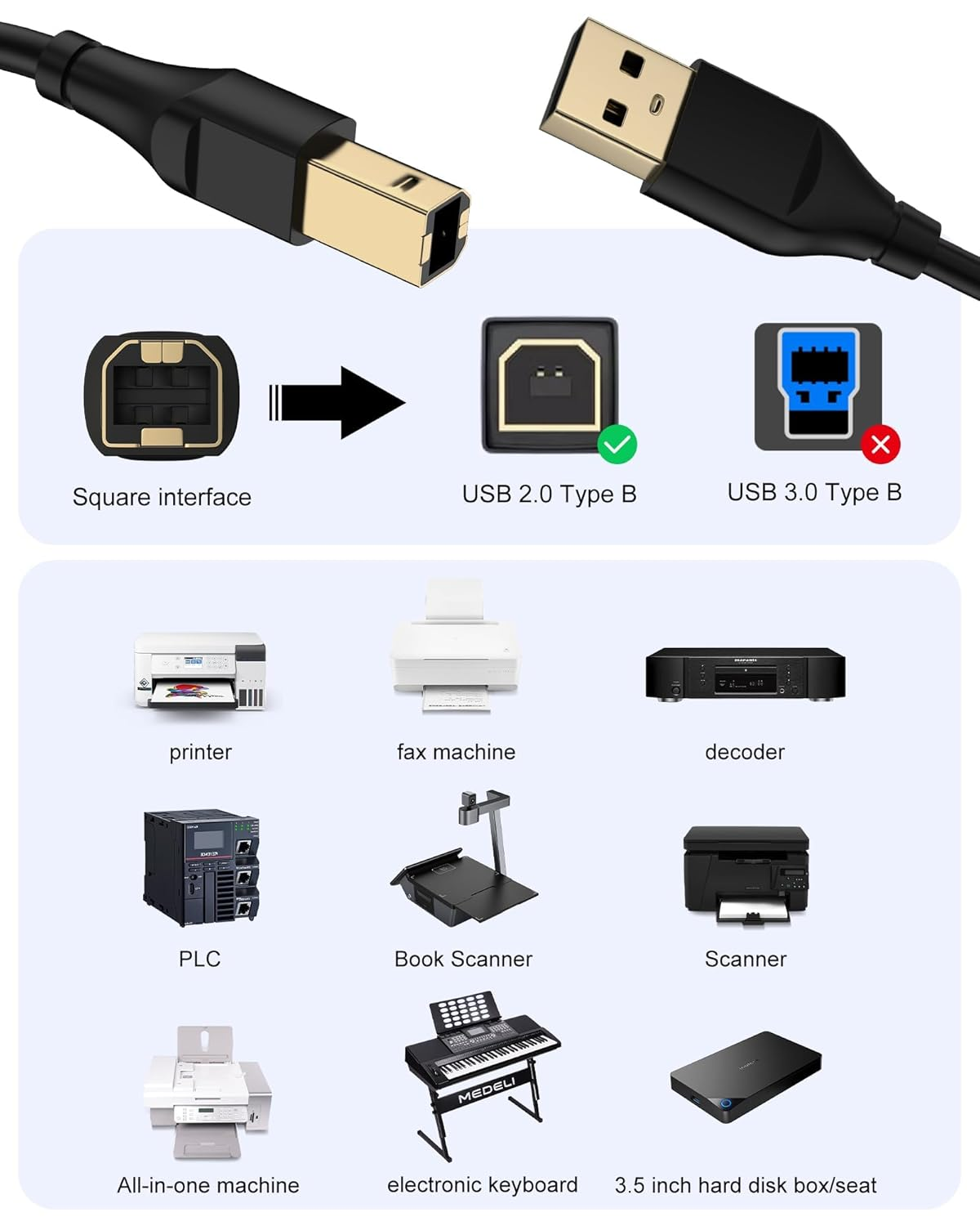HP Printer Cable 3Ft, Square USB a to USB B Cable for Printer/Scanner Epson, HP, Canon, Brother, Ethernet Print Smoothly Connect to Computer/Laptop/Pc - USB 2.0 Type B Impresora Midi Long Cord, 6 Foot image number 1