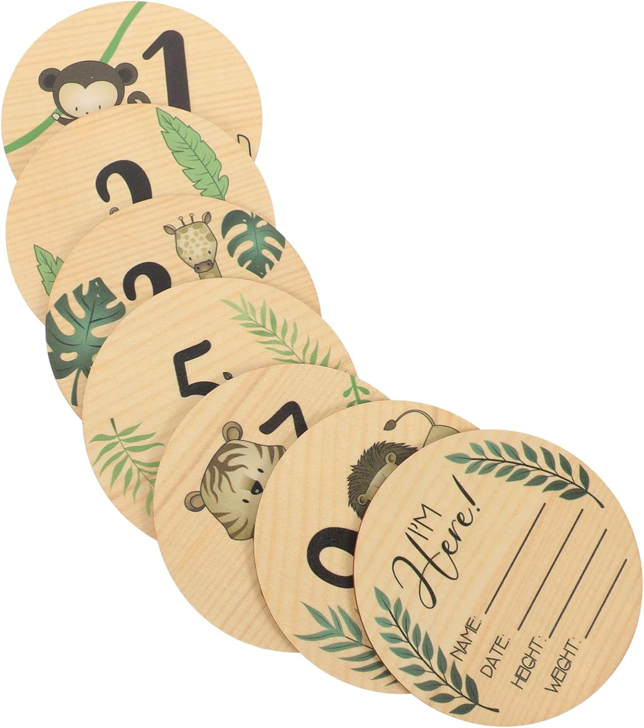 7Pcs Baby Monthly Progress Wooden Signs Double-Sided Cartoon Animal Photo Props for Newborn Announcement Nursery Name Board image number 2