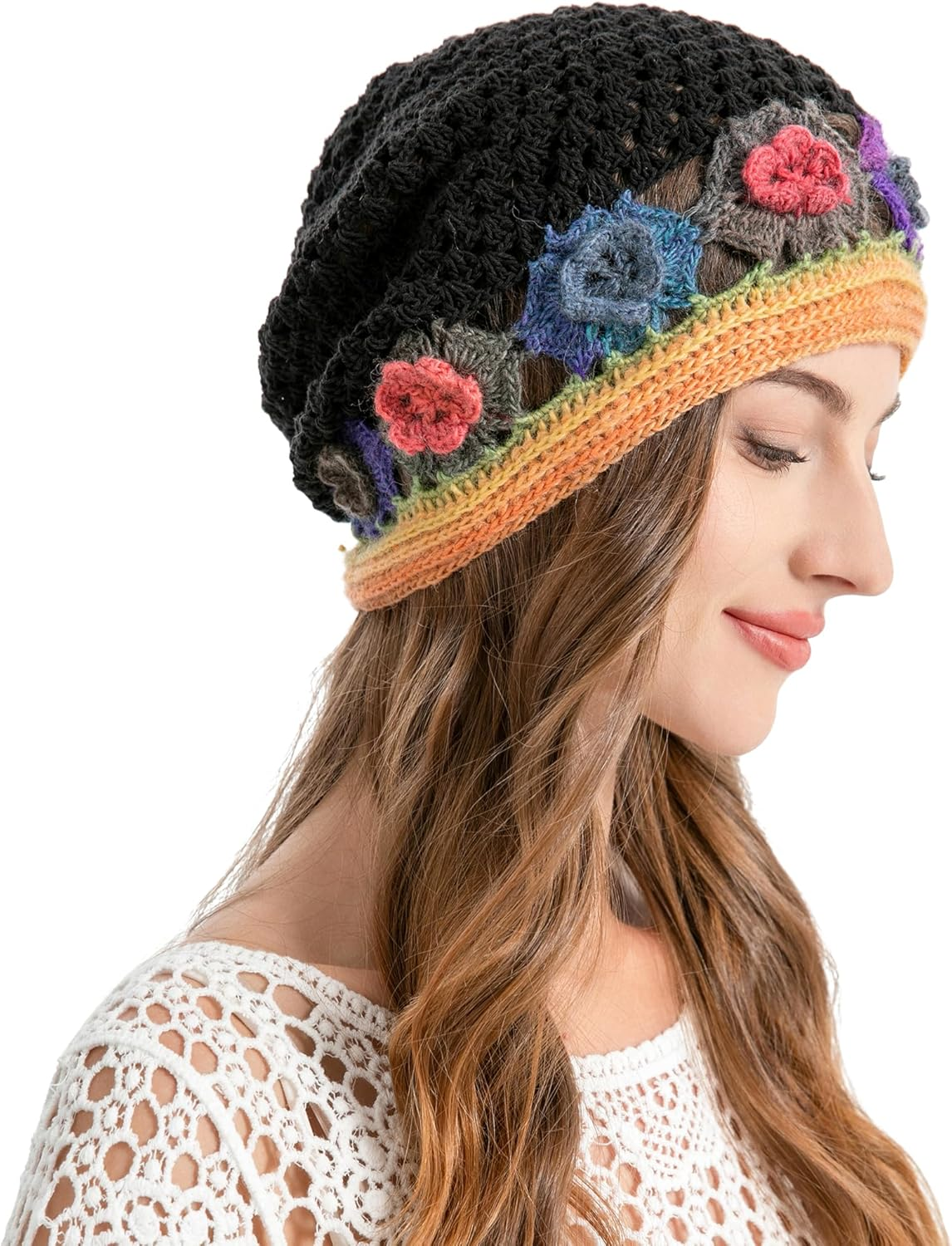ZLYC Women Cotton Crochet Slouchy Beanie Hat Handmade Knit Cutout Summer Floral Skull Cap