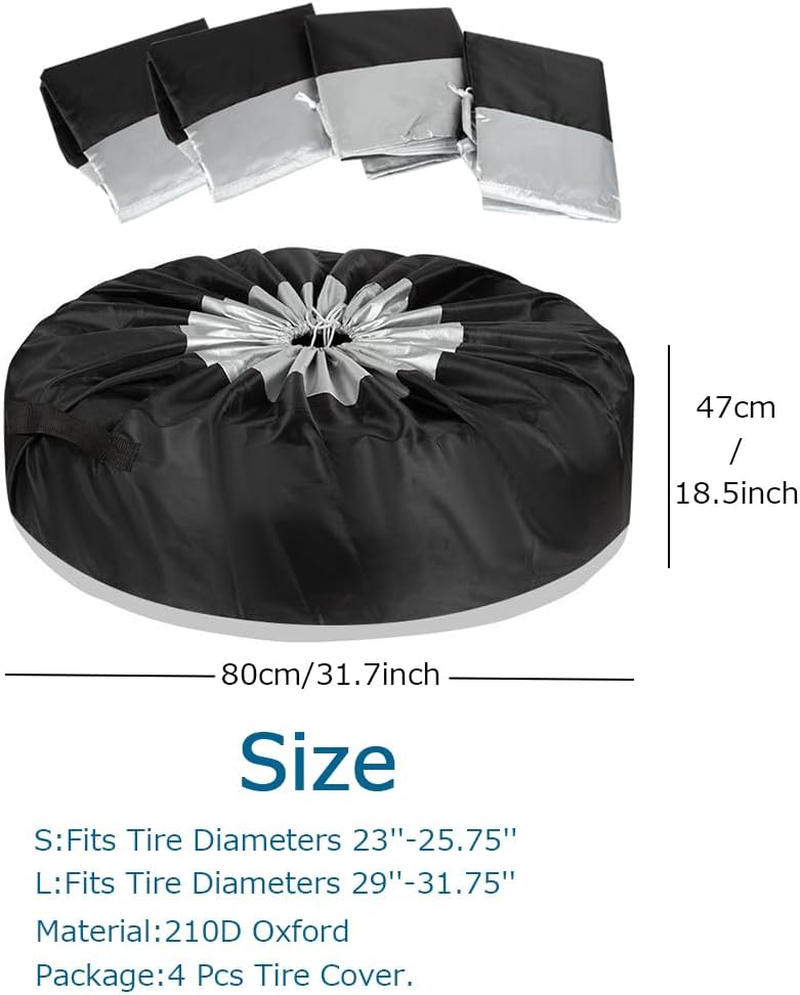 4 Pack/Set 210D Oxford Wheel Covers, Storage Tote Bags with Handle,Adjustable Waterproof 32In Tire Covers Protection Covers in Diameter-Black/Silver (L：Fits Tire Diameters 29''-31.75''/73-80Cm) image number 2