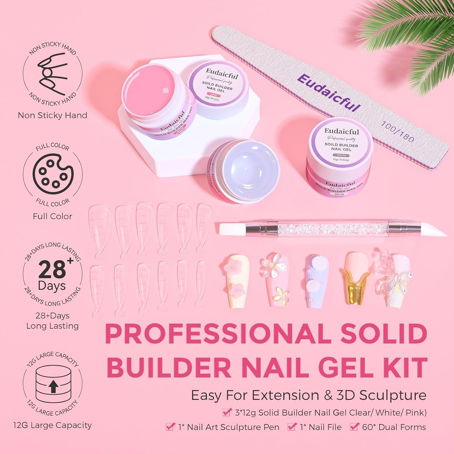 Eudaicful Solid Builder Nail Gel Kit: 3 Colors Clear Pink White 3D Sculpting Nail Gel Non-Sticky Hand Carving Gels Hard Gels U V/LED Extension with Silicone Pen Nails Forms Beginner DIY