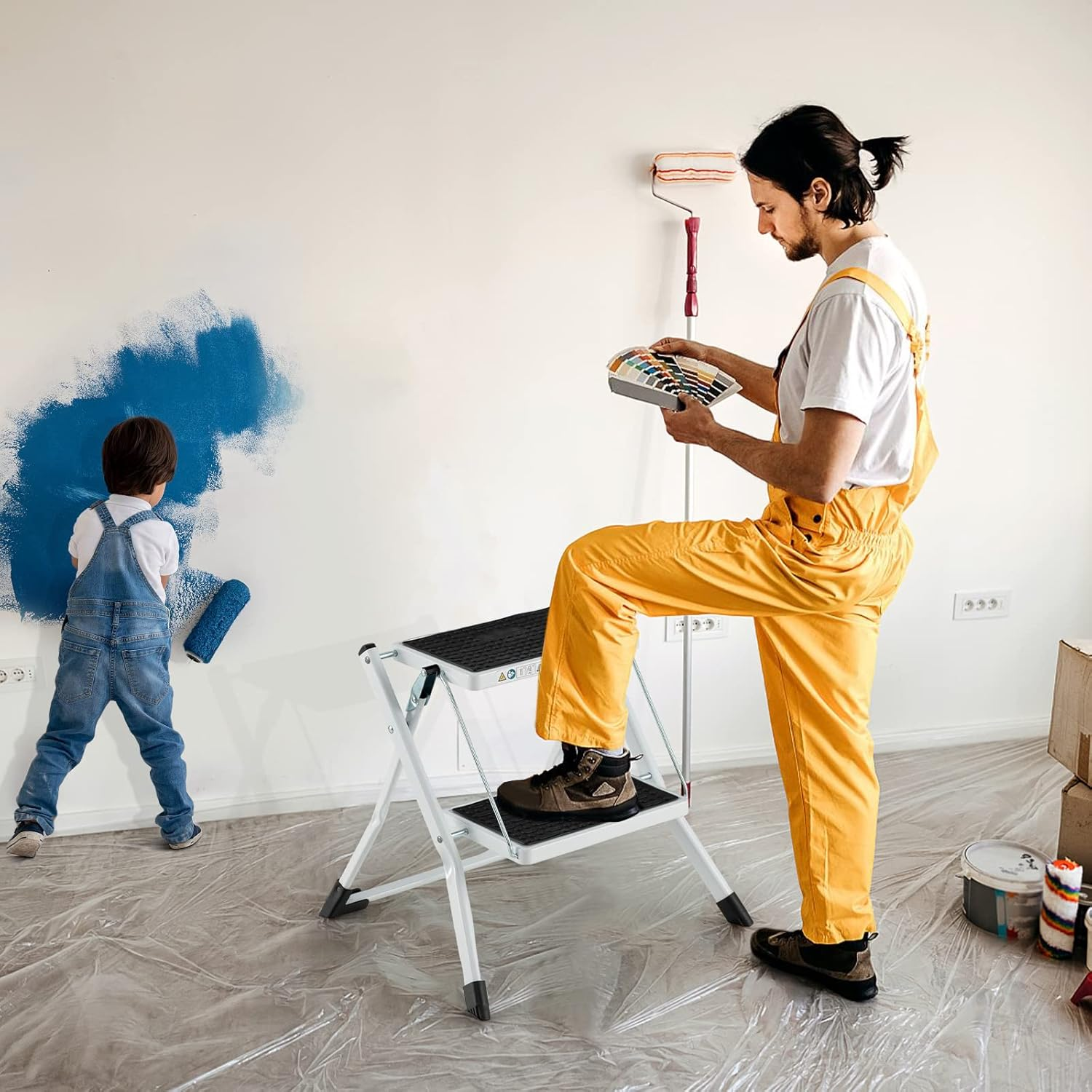 Costway 2 Step Ladder, Folding Step Stool with Heavy-Duty Metal Frame, Anti-Slip Pedal & Large Foot Pads, Portable & Lightweight Stepladder with 150Kg Weight Capacity for Household, Office image number 1