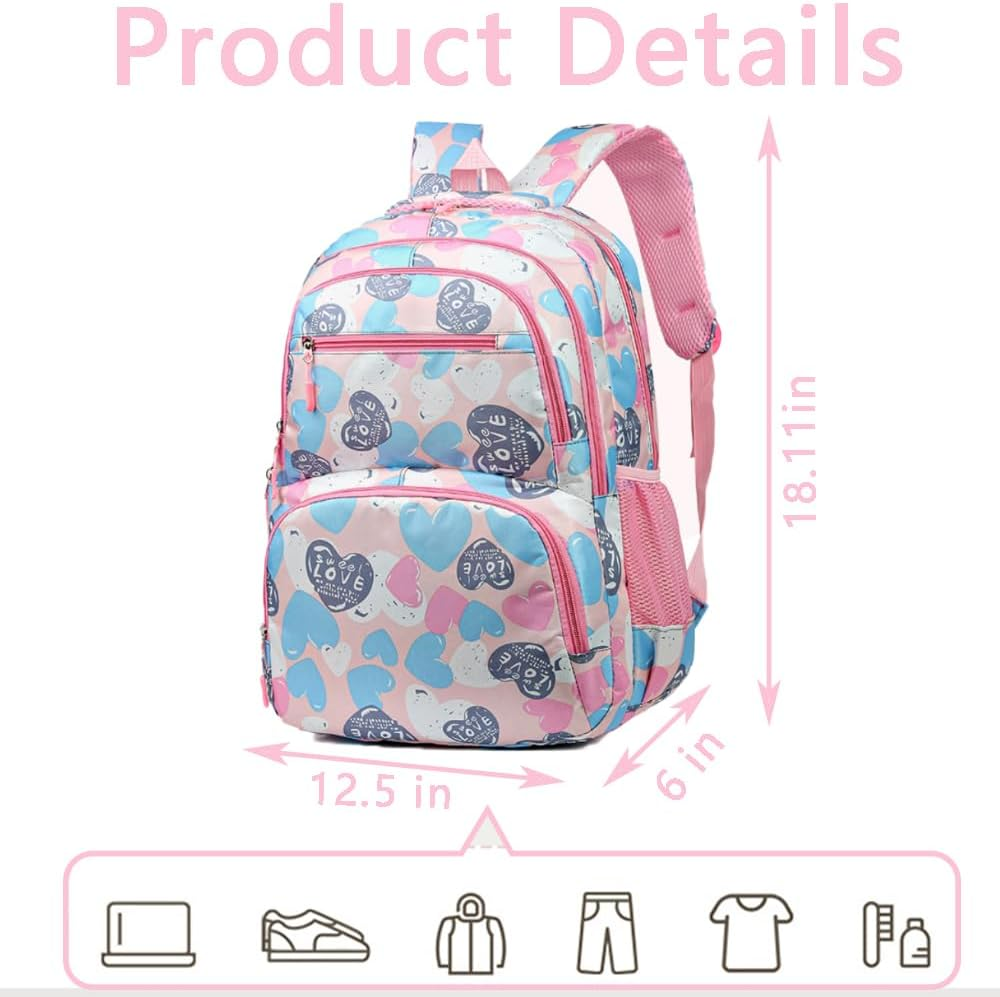 Kids Backpack for Girls School Cute Heart Bookbags Aesthetic Preppy Schoolbag Leisure Lightweight Backpacks image number 4