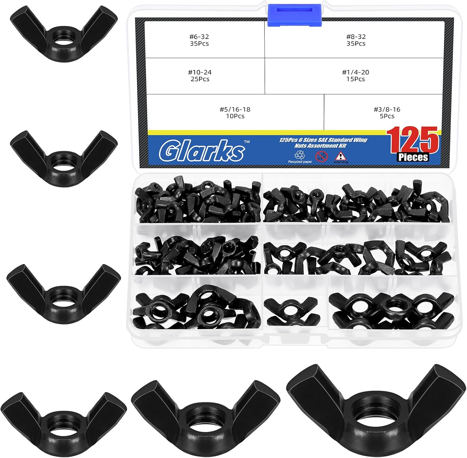 Glarks 125Pcs 6 Sizes Black Wing Nuts Assortment Kit, 3/8&rsquo;&rsquo;-16, 5/16&rsquo;&rsquo;-18, 1/4&rsquo;&rsquo;-20, #10-24, #8-32, #6-32 High Strength Carbon Steel Butterfly Nuts, Wing Bolt Fasteners