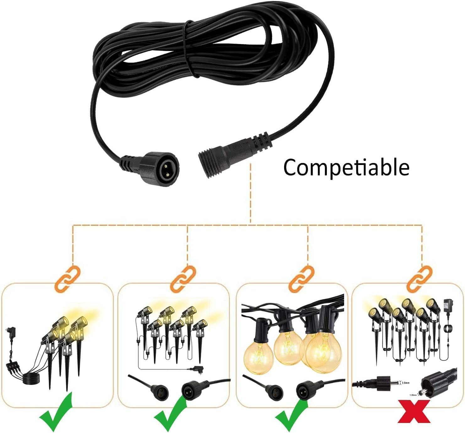 Redefun 2 Pin Extension Cable, 3M Waterproof Corrosion Resistant Extension Cord for Outdoor Lights, Festoon Lights, G40 Globe Lights, Icicle Lights, Curtain Lights, Net Lights image number 5