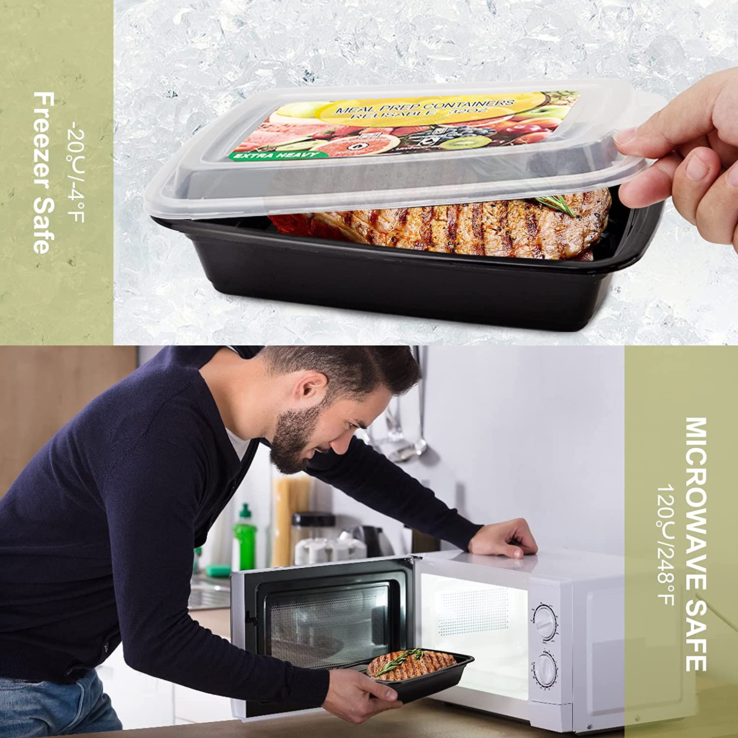 50 Pack- Meal Prep Containers 32Oz, Plastic Food with Lids, Leakproof to Go Lids Reusable Containers, Bpa-Free, Microwave/Dishwasher/Freezer Safe Black-50Pack image number 6