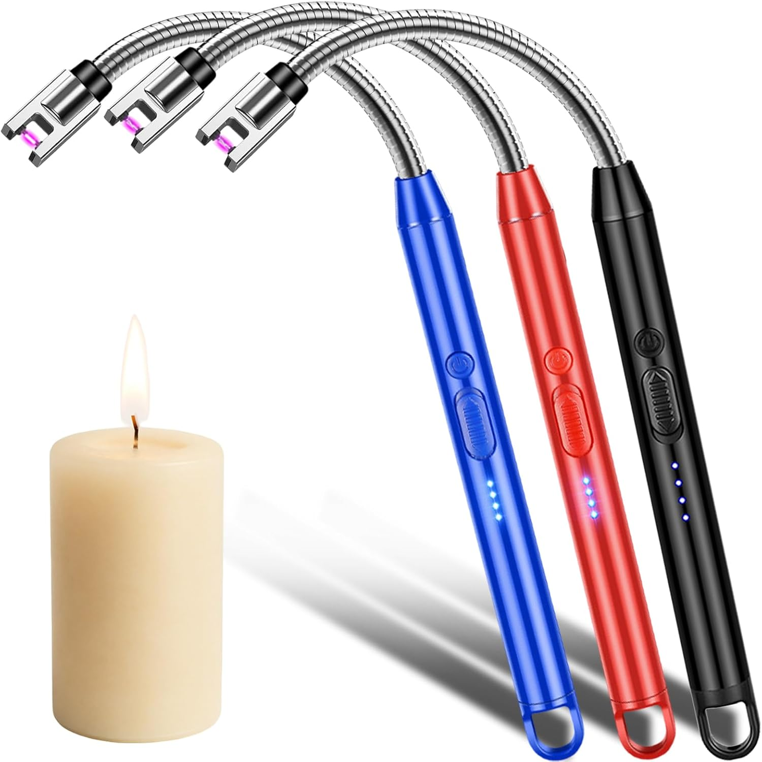 Electric Lighter, 3 Pack of USB Rechargeable Candle Lighter with Hook, 10.2-Inch Flexible Neck Arc Lighters with LED Battery Indicator and Safety Switch for Candle, Kitchen,Grill,Camping (Cone Hook)