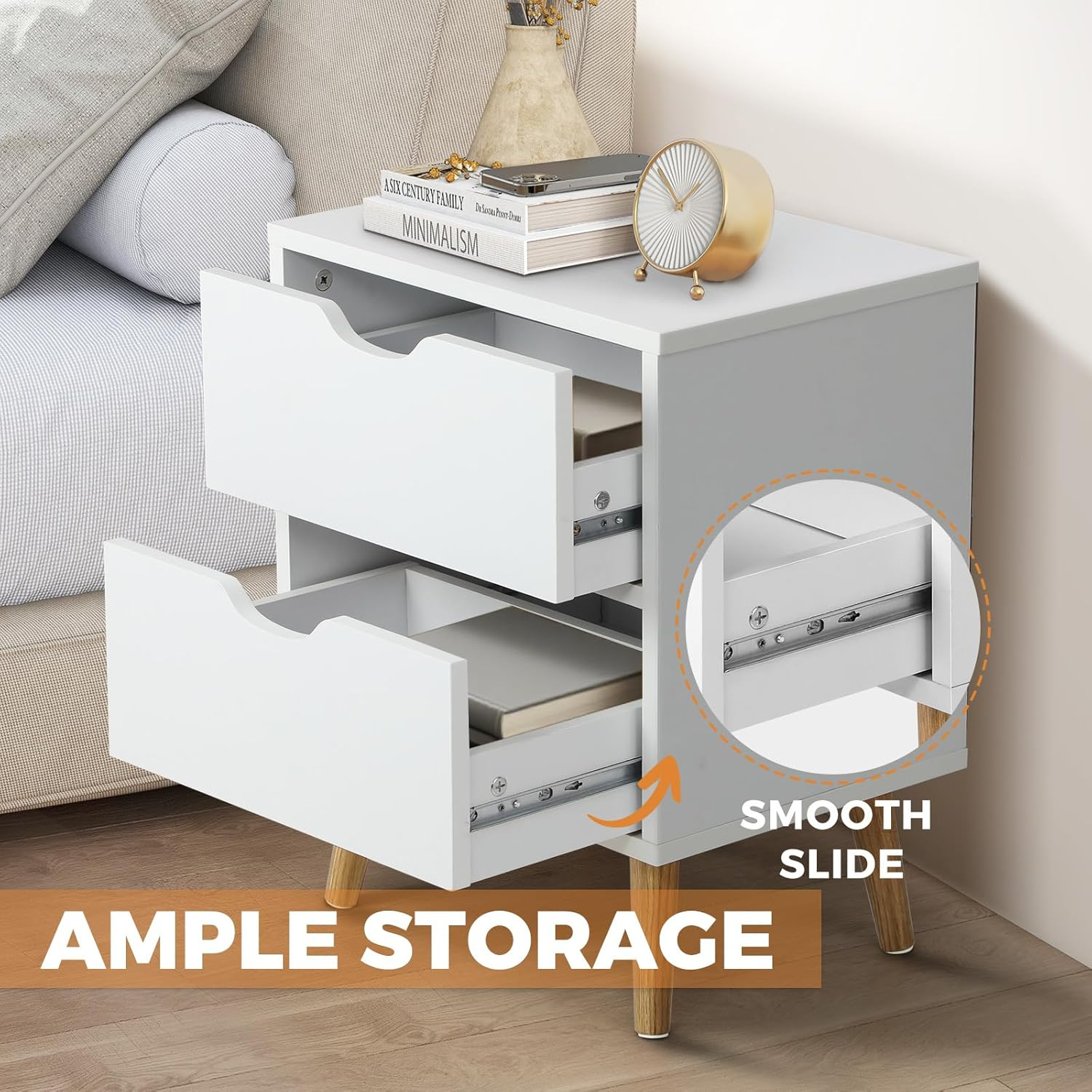 Oikiture Bedside Table with 2 Drawers, Wooden Side Table Nightstand Storage Cabinet White