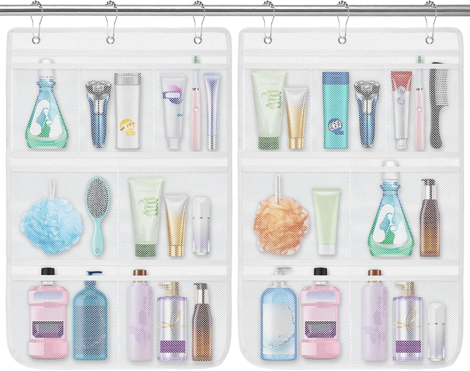 Mesh Shower Caddy Hanging Organiser -2 Pack Mesh Shower Bag with 7 Pockets Quick Dry Bathroom Storage Bag, Cruise and Dorm Essentials for Travel, Toiletry Organiser for Bathroom Shampoo Soap