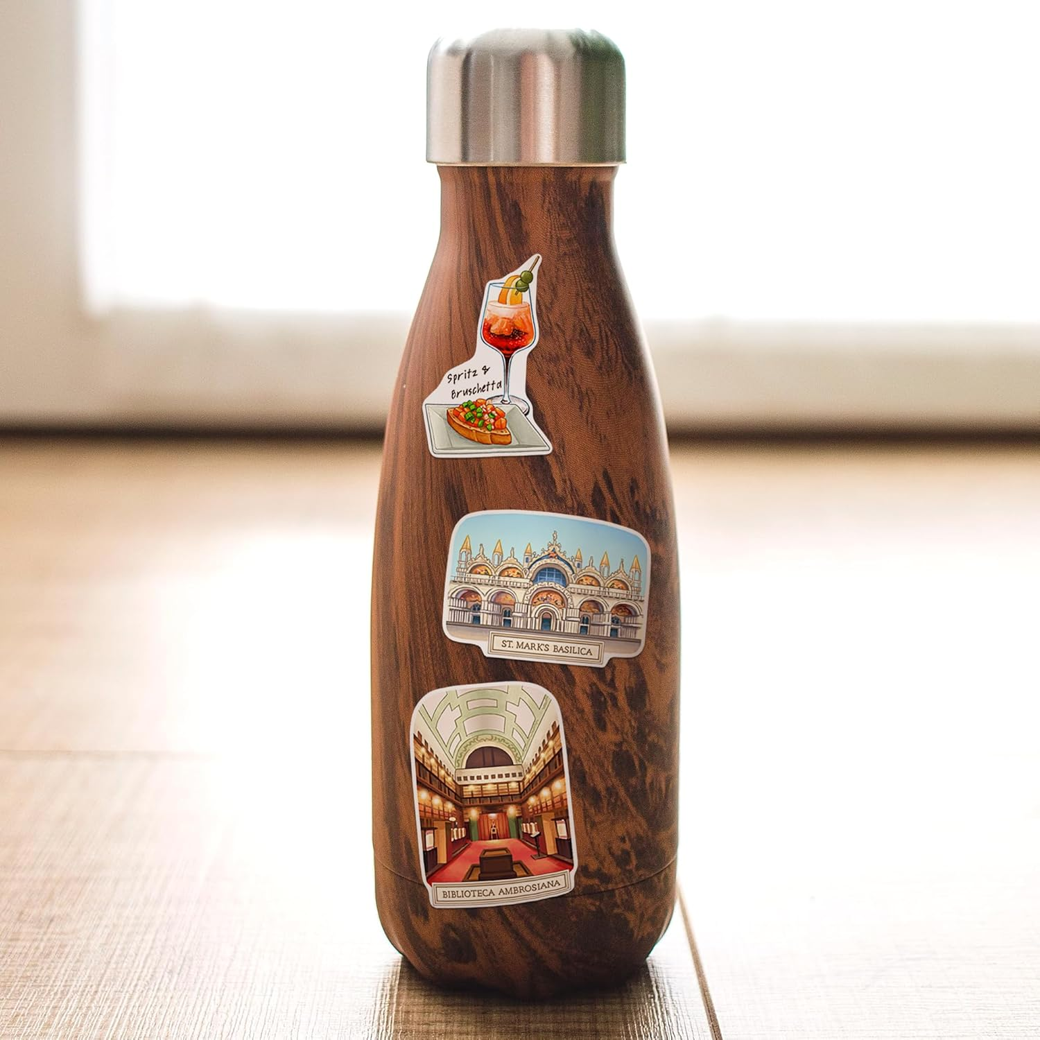 Navy Peony Northern Italy Travel Stickers (28Pcs) - Gouache Style, Waterproof, Milan Venice-Themed Vacation Decals for Scrapbooks, Waterbottle image number 1