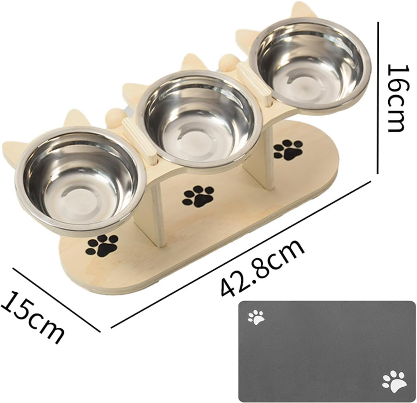 Elevated Cat Bowls - 3 Stainless Steel Elevated Cat Food Dishes with Stand 15&deg; Swivel and a Placemat (Wood) image number 3