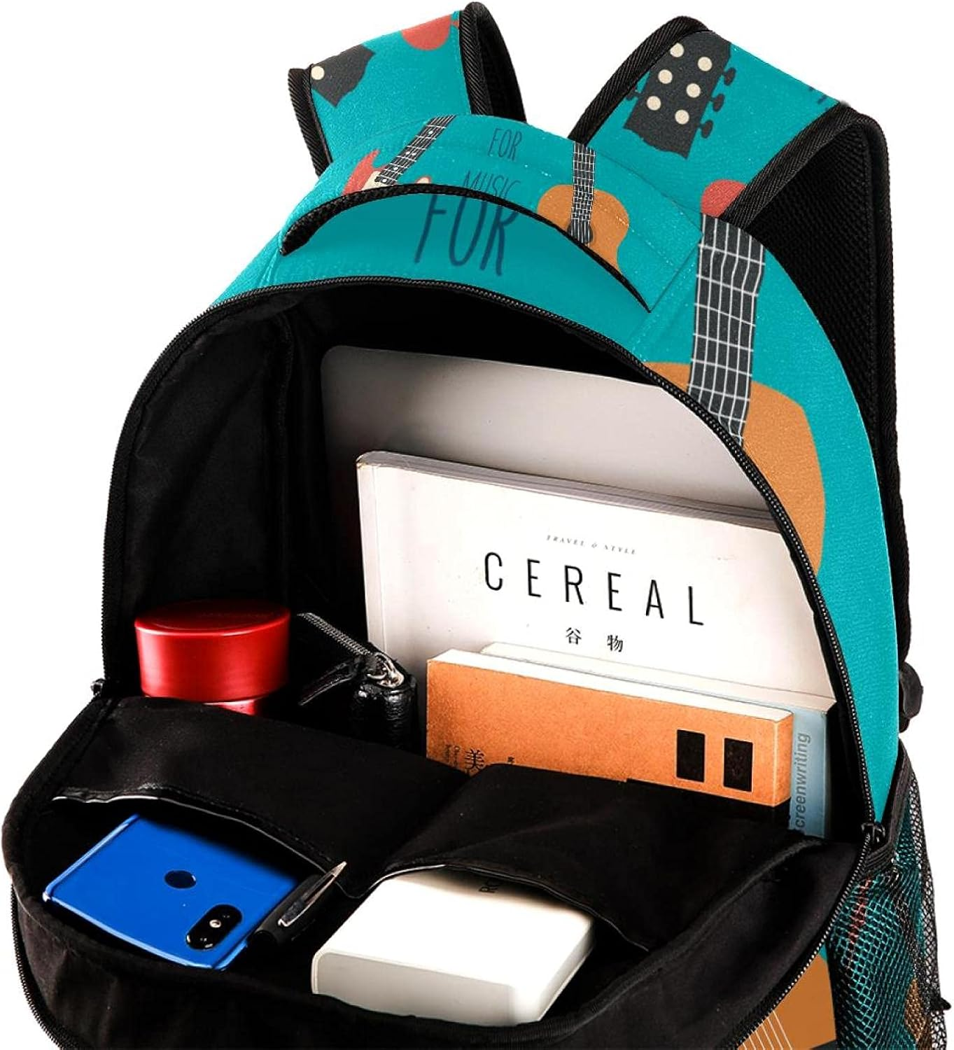 Electric Guitars and Red Love Heart Backpack Students Shoulder Bags Travel Bag College School Tote Backpacks image number 3