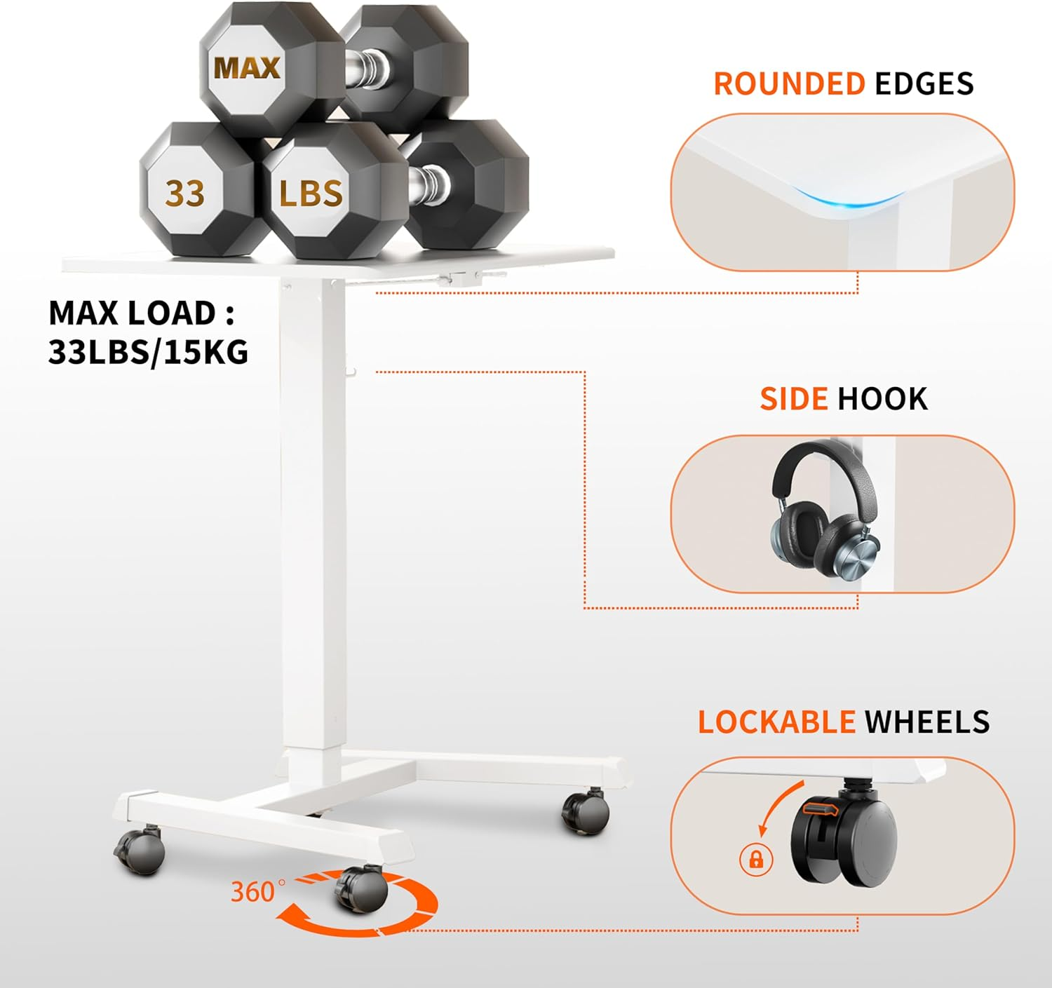 ERGOMAKER Mobile Standing Desk Pneumatic Adjustable Height 25.6 X 17.7 Inch Mobile Desk Adjustable Height on Wheels，Sit Stand up Desk Home Office Computer Desk, White + Single - White image number 5
