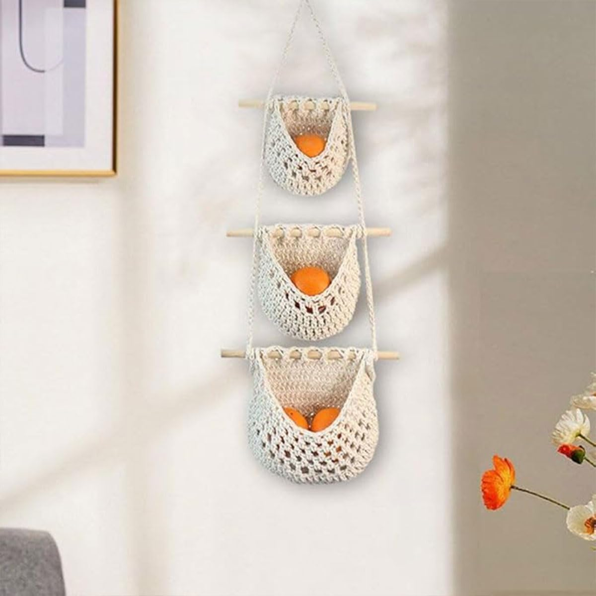 AIMALL 3-Layer Hanging Wall Storage Basket Cotton Rope Organizer for Sundries with Wooden Rods, Woven Wall Hanging Bag for Entryway, Living Room, and Nursery image number 4