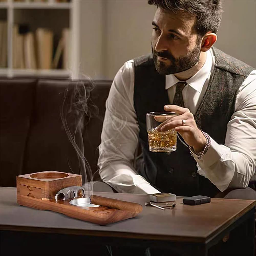 Cigar Ashtray Set with Whiskey Glass Holder &ndash; Wooden Ashtray with Steel Channel, Removable Drawer & Cigar Cutter, Classic Wood & Aluminum Cigar Accessories for Home & Office