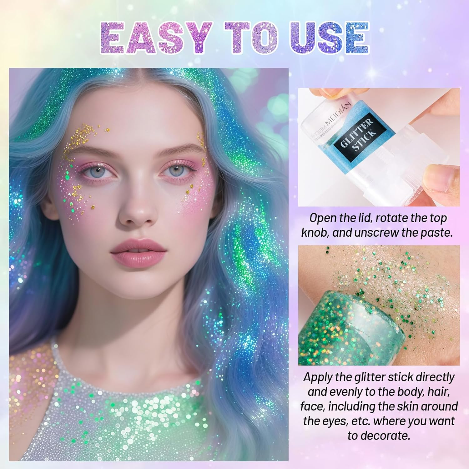 YBUETE Blue Face Body Glitter Stick,Face Chunky Glitter Gel for Singer Concert Outfit Rave Festival Accessories for Women,Glitter Nail Sequins Iridescent Flakes for Festival Rave Halloween Makeup image number 1